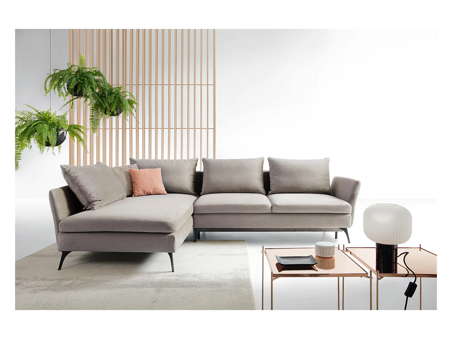 Canapé d'angle - 282 cm - en L avec un coffre de rangement - tissu hydrophobe - gris clair - côté gauche - DEMISBAL