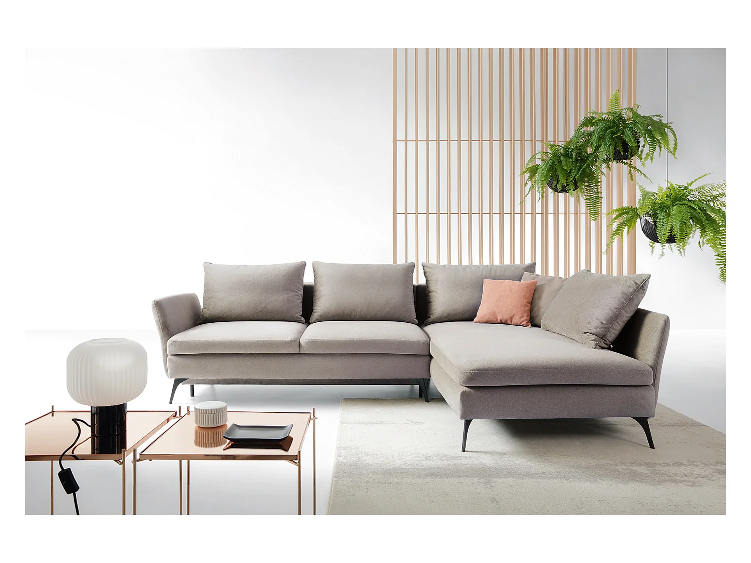 Canapé d'angle - 282 cm - en L avec un coffre de rangement - tissu hydrophobe - gris clair - côté droit - DEMISBAL