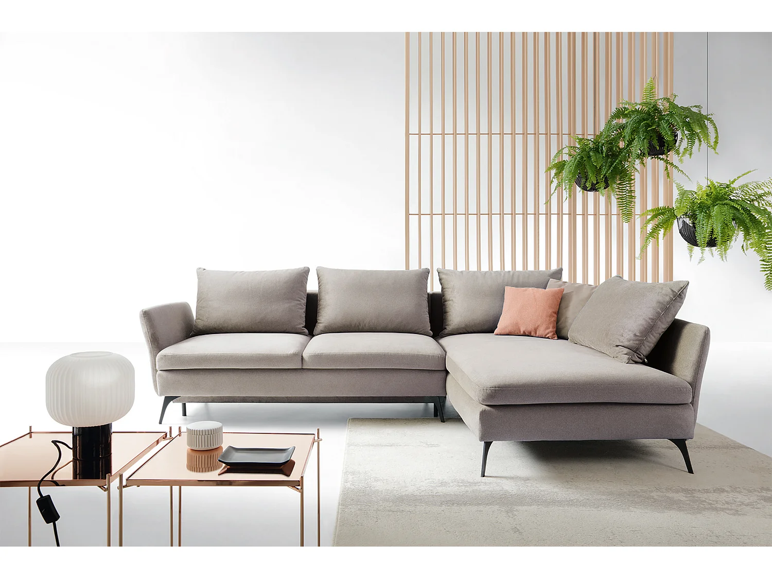 Canapé d'angle - 282 cm - en L avec un coffre de rangement - tissu hydrophobe - gris clair - côté droit - DEMISBAL