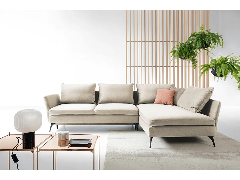 Canapé d'angle - 282 cm - en L avec un coffre de rangement - tissu hydrophobe - crème - côté droit - DEMISBAL