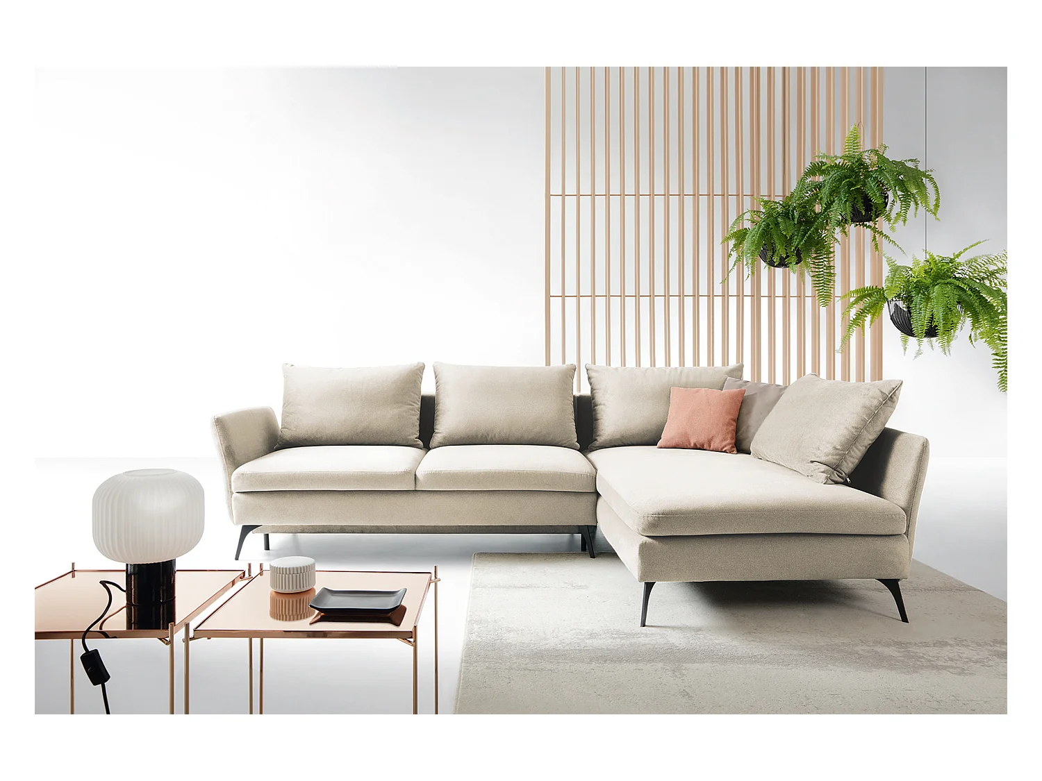 Canapé d'angle - 282 cm - en L avec un coffre de rangement - tissu hydrophobe - crème - côté droit - DEMISBAL