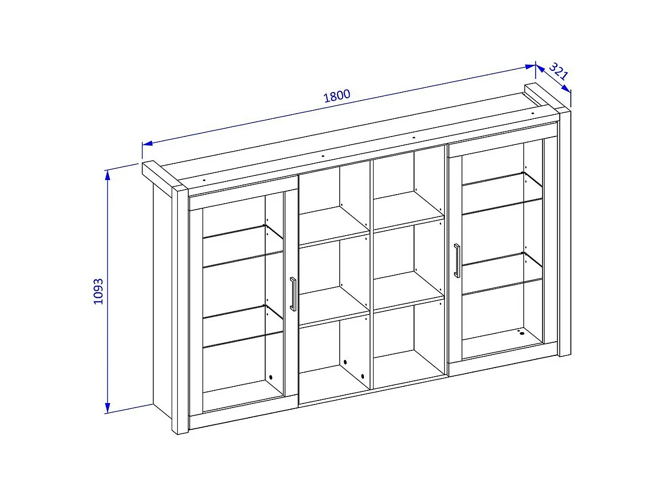 Vetrina con illuminazione LED collezione TIVORA. 2 porte e 6 nicchie centrali. Colore rovere e nero.