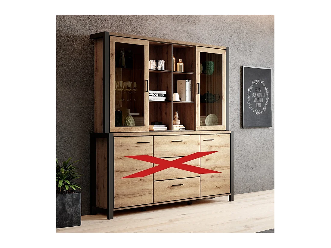 Vetrina con illuminazione LED collezione TIVORA. 2 porte e 6 nicchie centrali. Colore rovere e nero.