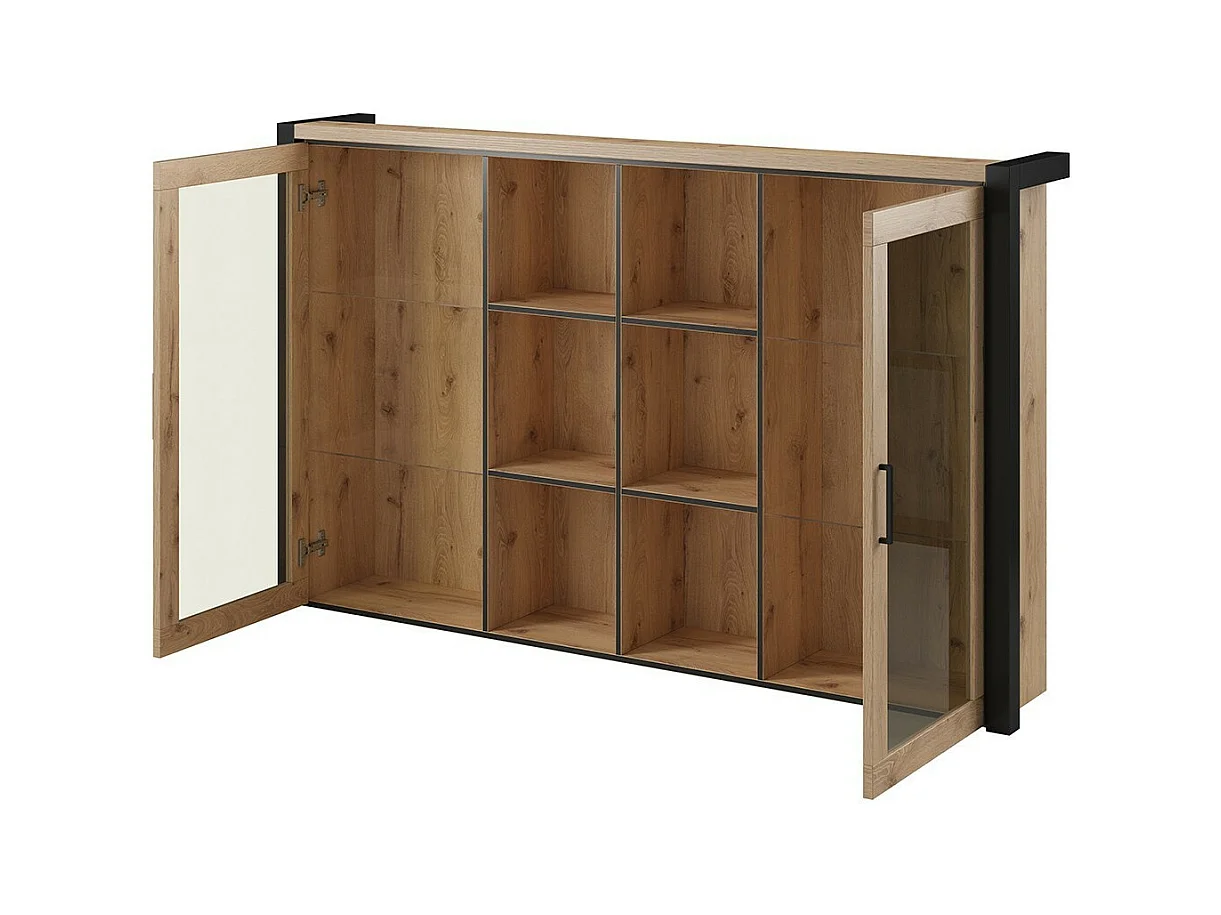 Vetrina con illuminazione LED collezione TIVORA. 2 porte e 6 nicchie centrali. Colore rovere e nero.