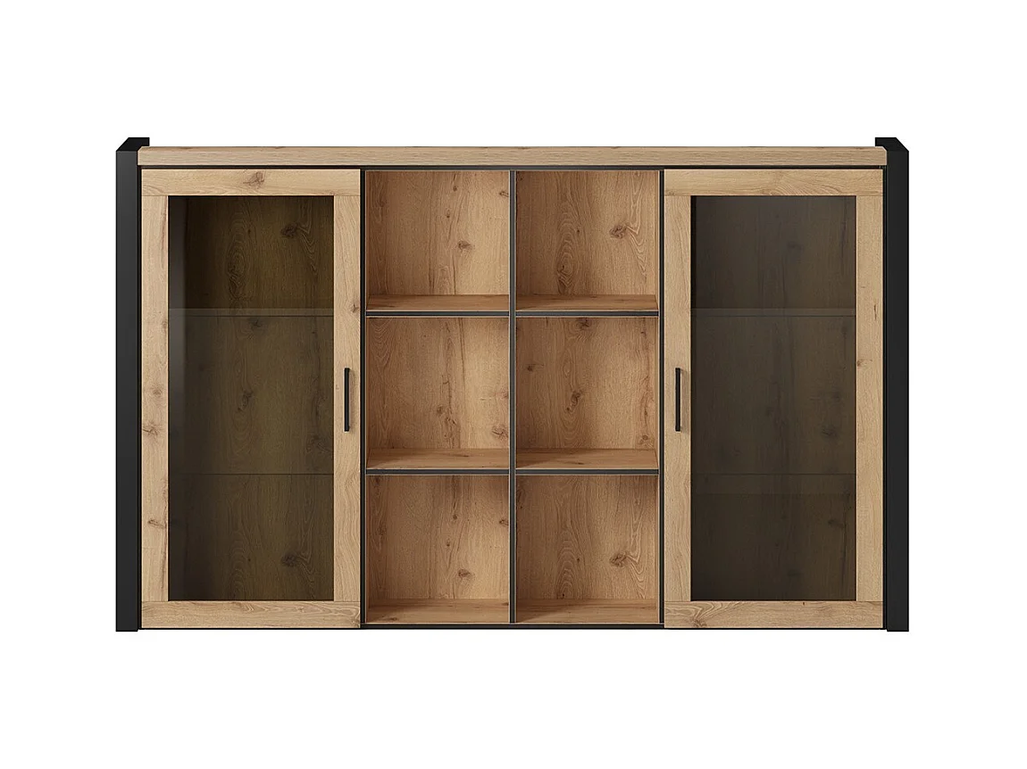 Vetrina con illuminazione LED collezione TIVORA. 2 porte e 6 nicchie centrali. Colore rovere e nero.