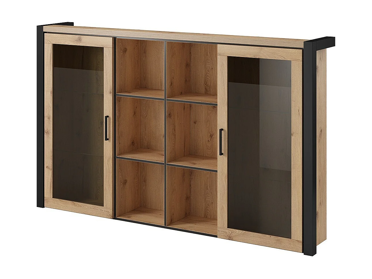 Vitrine mit LED-Beleuchtung, Kollektion TIVORA. 2 Türen und 6 zentrale Nischen. Farbe Eiche und Schwarz.