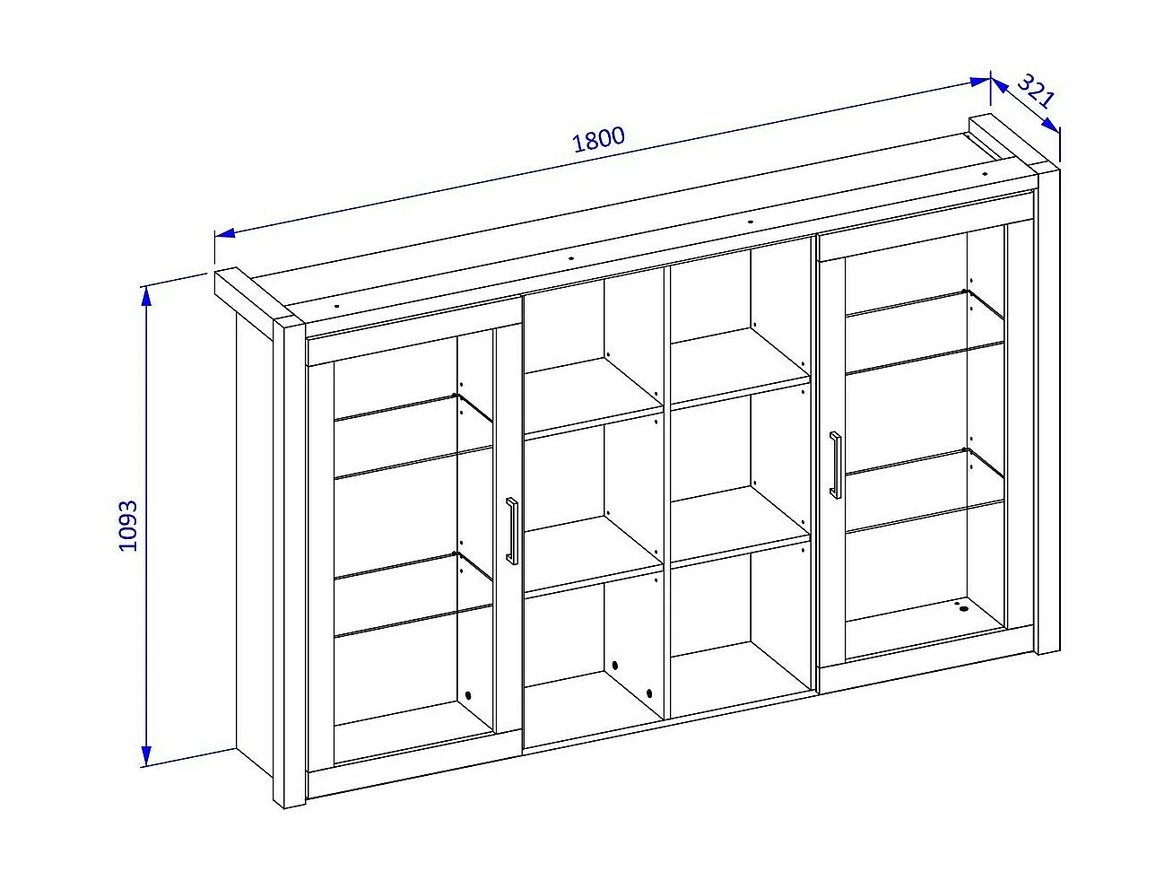 Vitrine mit LED-Beleuchtung, Kollektion TIVORA. 2 Türen und 6 zentrale Nischen. Farbe Eiche und Schwarz.