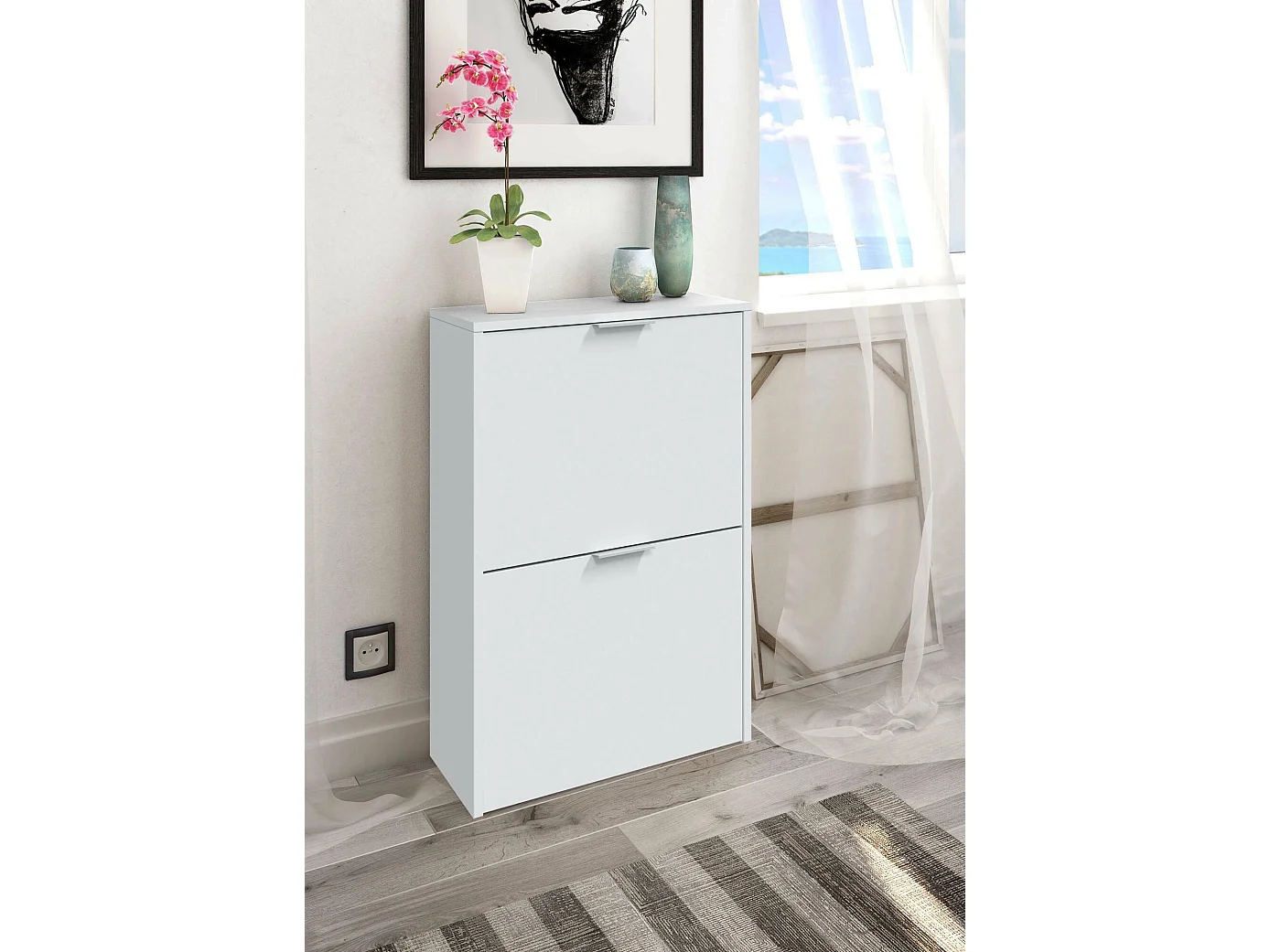 Dmoretto schoenenrek, Ruimtebesparend schoenenrek met 2 deuren, Ingang schoenenrek, Schoenenrek kledingkast, 50x22h76 cm, Wit
