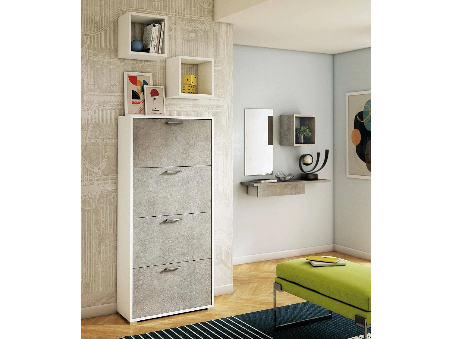 Dmora - Schuhregal Dmarcat, Mehrzweck - Eingangsmöbel mit 4 Klapptüren, Schuhschrank mit doppelter Tiefe, 100% Made in Italy, 67x28h147 cm, Weiß und Beton