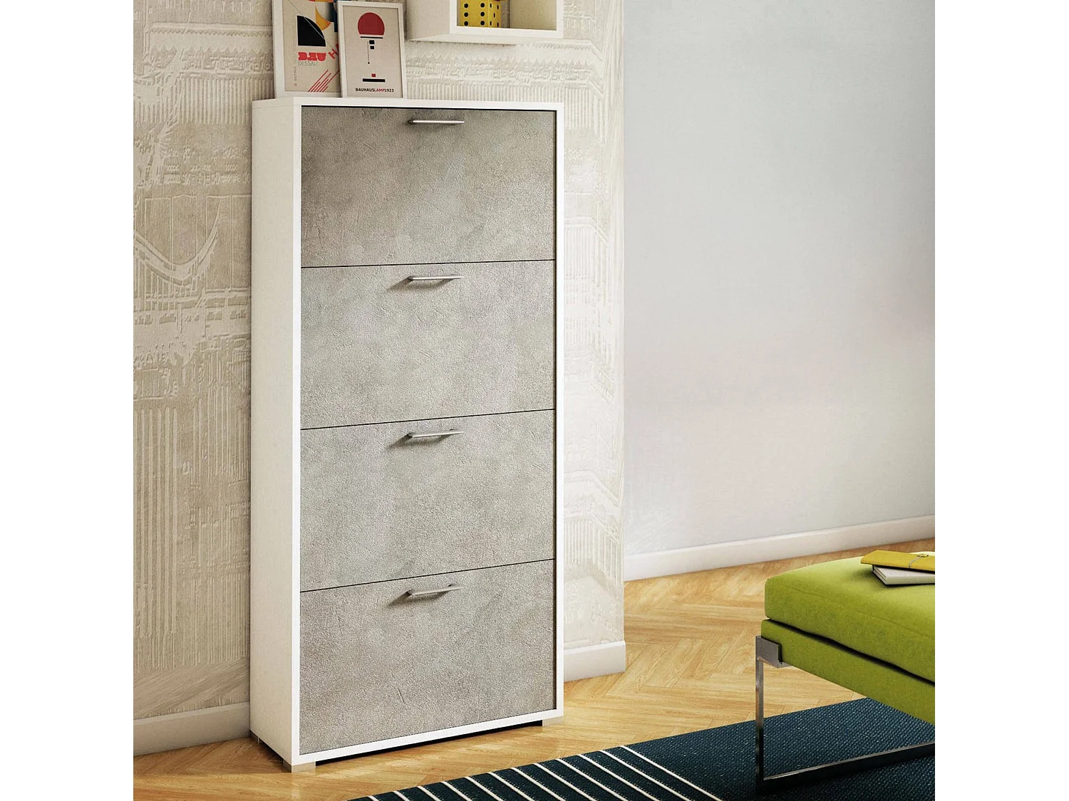 Schuhregal Dmarcat, Mehrzweck - Eingangsmöbel mit 4 Klapptüren, Schuhschrank mit doppelter Tiefe, 100% Made in Italy, 67x28h147 cm, WeiÃŸ und Beton