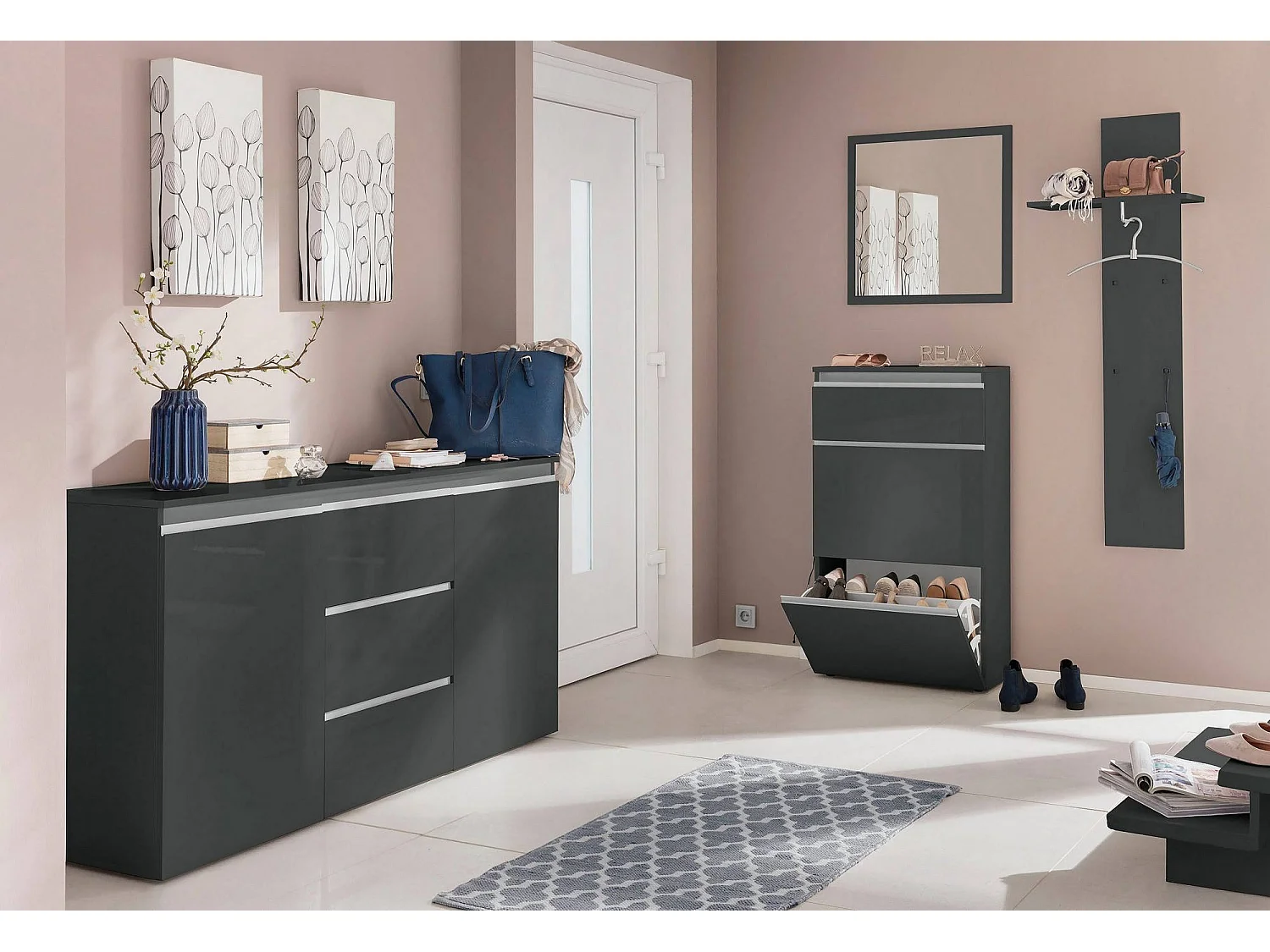 Dlogarz schoenenrek, Multifunctionele kast met 2 deuren en 1 klepdeur, Ingang schoenenrek, 100% Made in Italy, 60x27h108 cm, Glanzend antraciet