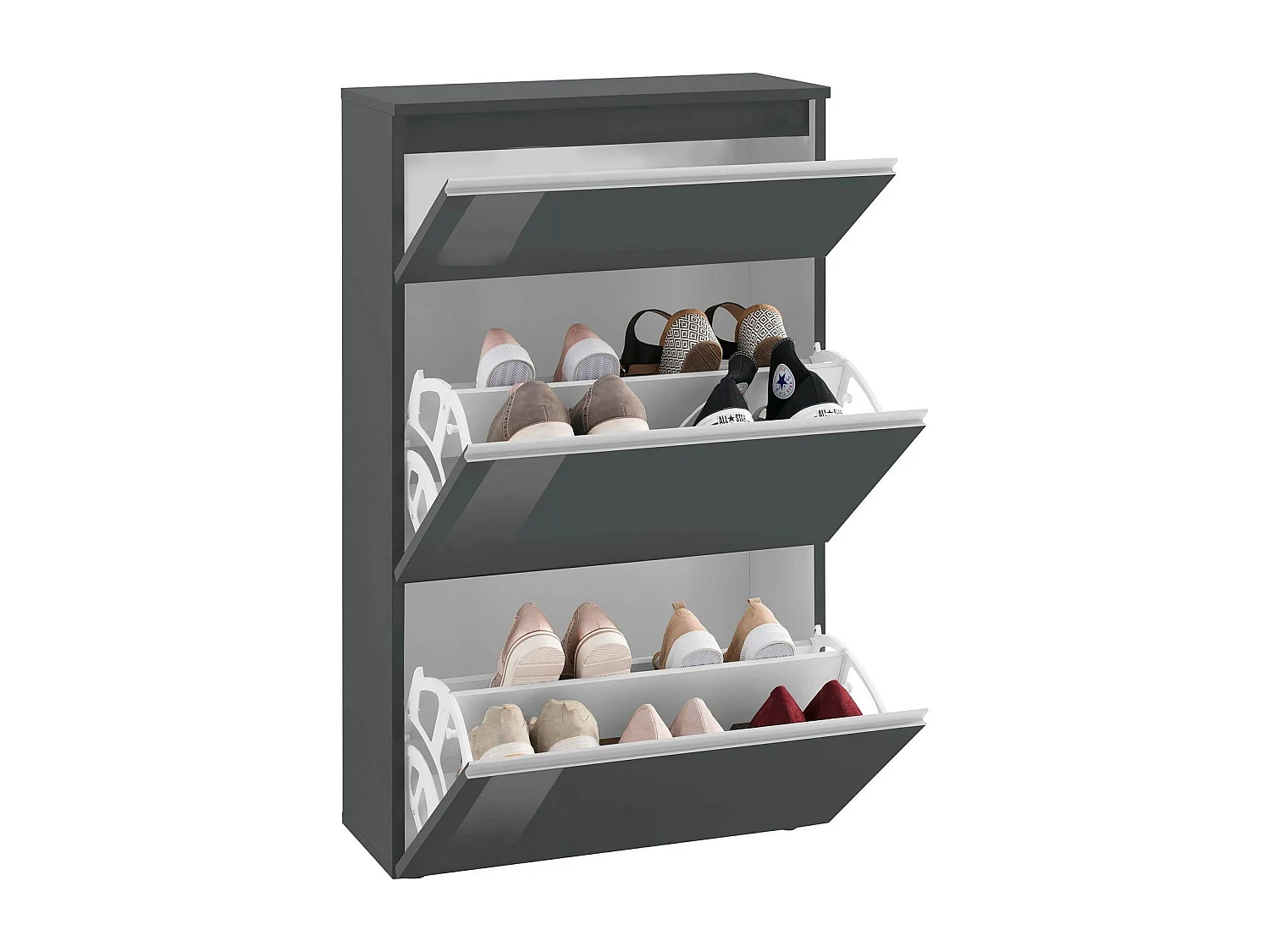 Dlogarz schoenenrek, Multifunctionele kast met 2 deuren en 1 klepdeur, Ingang schoenenrek, 100% Made in Italy, 60x27h108 cm, Glanzend antraciet