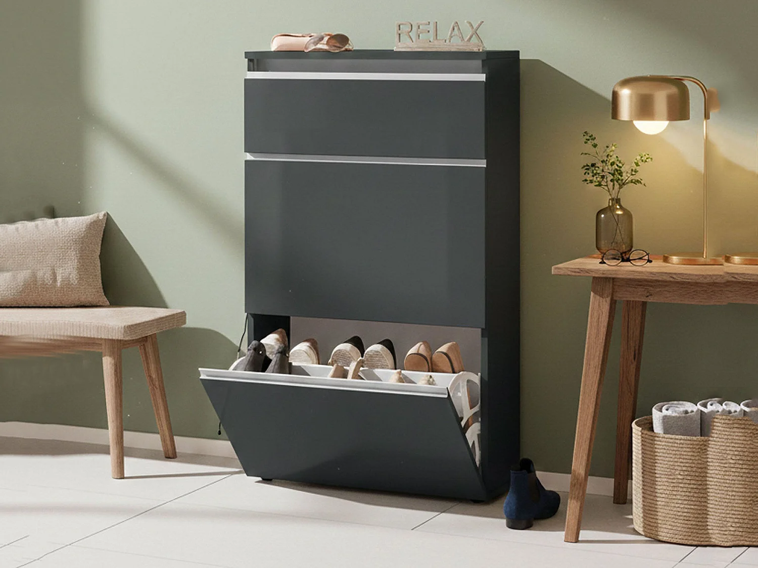Meuble à chaussures Paco, Armoire polyvalente avec 2 portes et 1 porte abattante, Porte-chaussures d'entrée, 100% Made in Italy, 60x27h108 cm, Anthracite Brillant