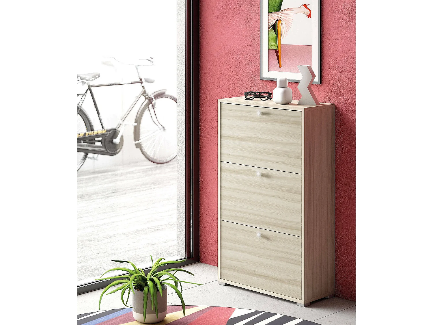 Dlos schoenenrek, Multifunctioneel entreemeubilair met 3 vouwdeuren, Schoenenkast met dubbele diepte, 100% Made in Italy, 67x28h112 cm, Olmo