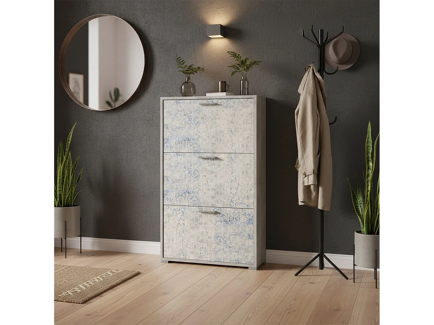 Étagère à chauure Dlo, Meuble d'entrée polyvalent avec 3 porte pliante, Meuble à chauure double profondeur, 100% Made in Italy, 67x28h112 cm, Ciment et Bleu Clair