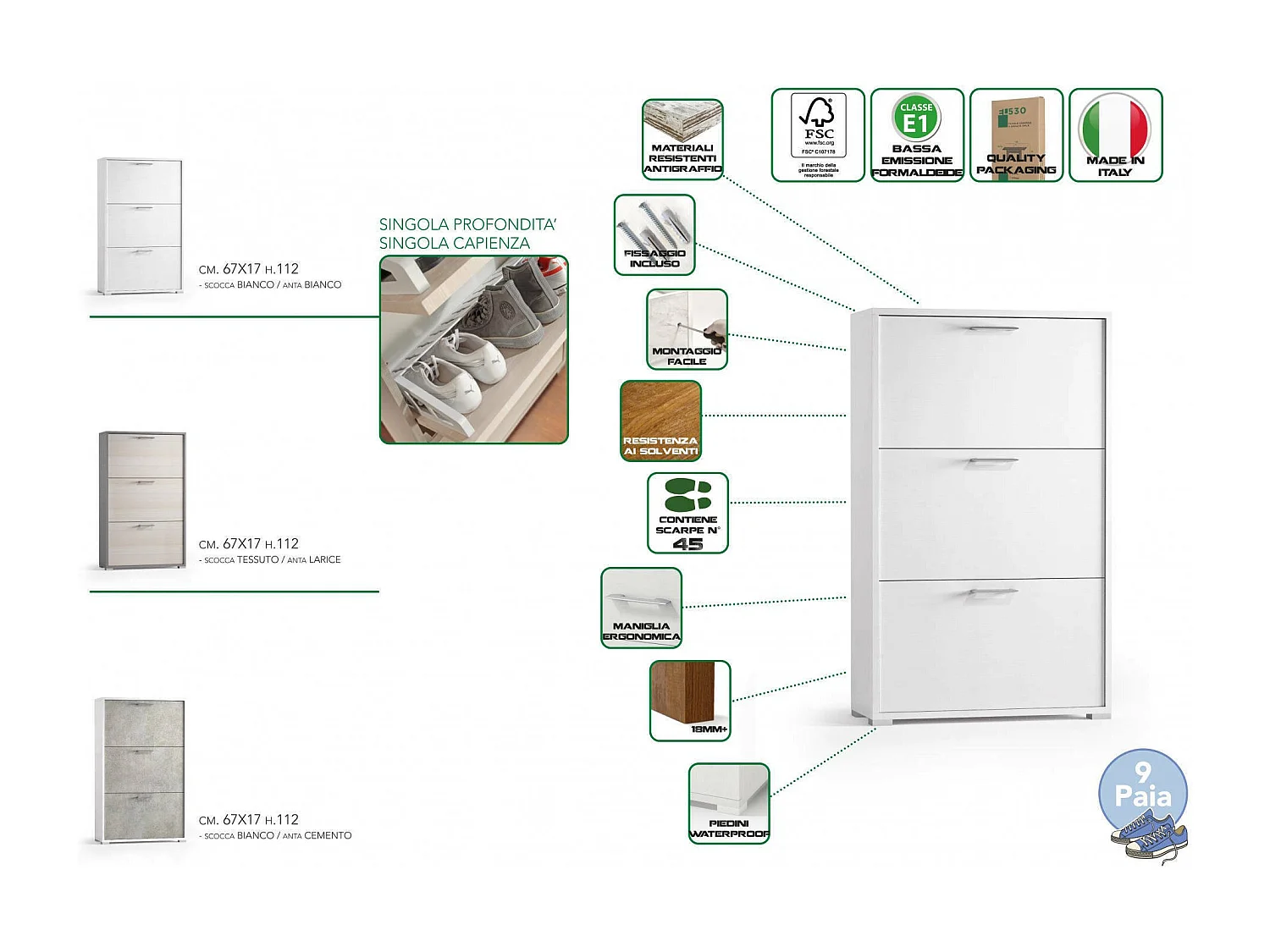 Zapatero Dferrari, Mueble de entrada polivalente con 3 puertas abatibles, zapatero moderno, 100% Made in Italy, 67x18h112 cm, Blanco y Cemento