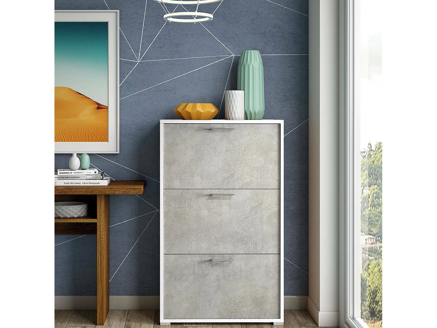 Schuhregal Dferrari, Mehrzweck - Eingangsmöbel mit 3 Klapptüren, Moderner Schuhschrank, 100% Made in Italy, 67x18h112 cm, WeiÃŸ und Beton