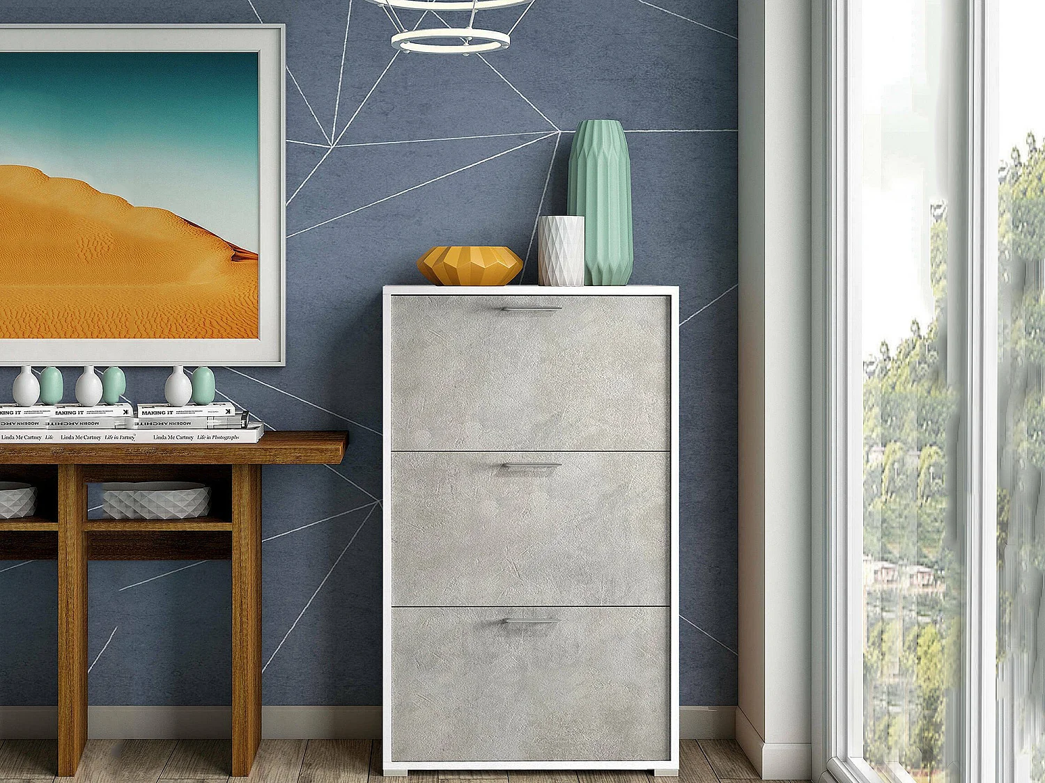 Étagère à chaussures Dferrari, meuble d'entrée polyvalent avec 3 portes pliantes, meuble à chaussures moderne, 100% Made in Italy, 67x18h112 cm, Blanc et Ciment
