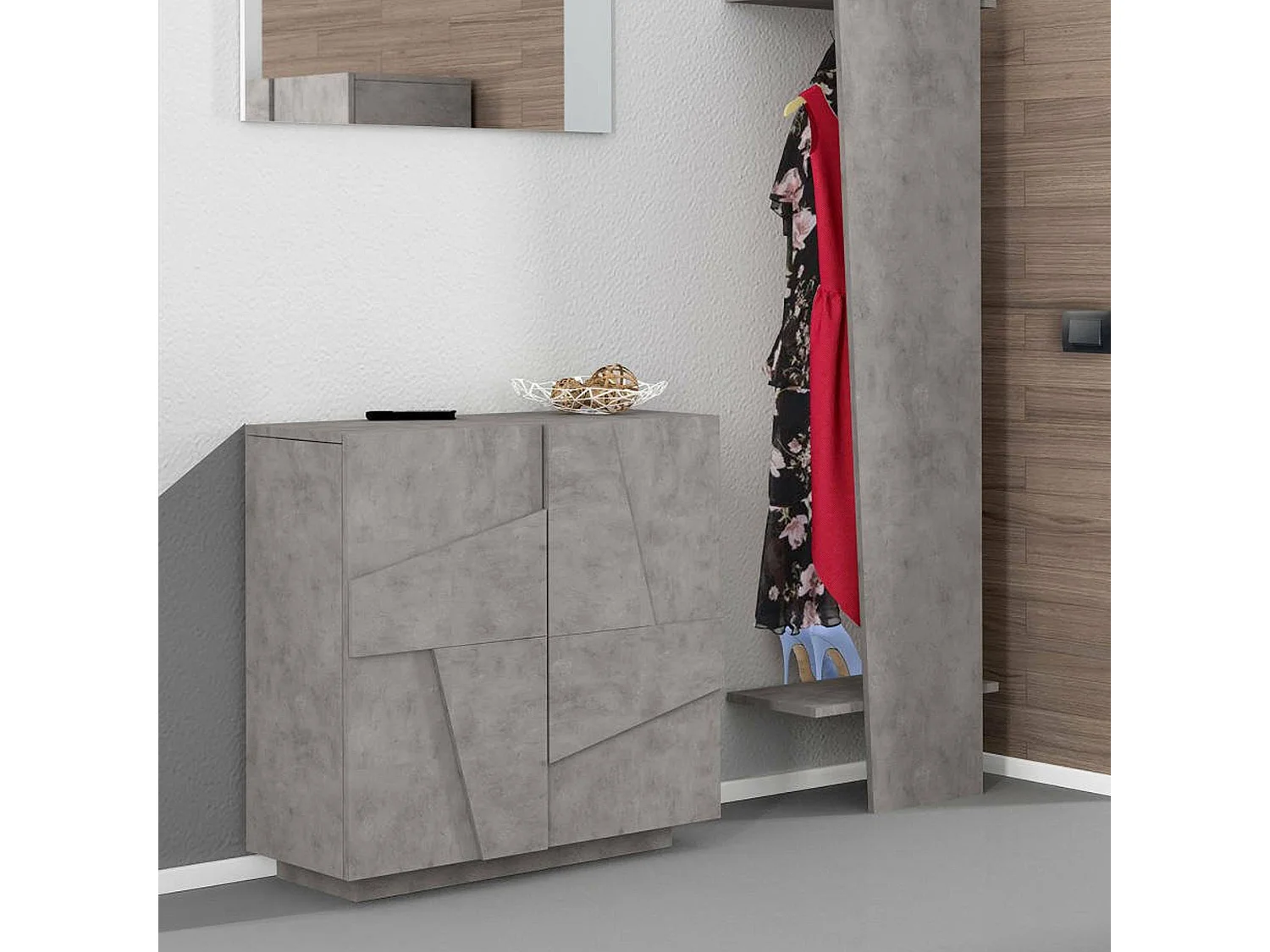 Étagère à chaussures Dfogl, Armoire polyvalente avec 2 portes, Étagère à chaussures d'entrée, 100% Made in Italy, 81x38h86 cm, Ciment avec détail