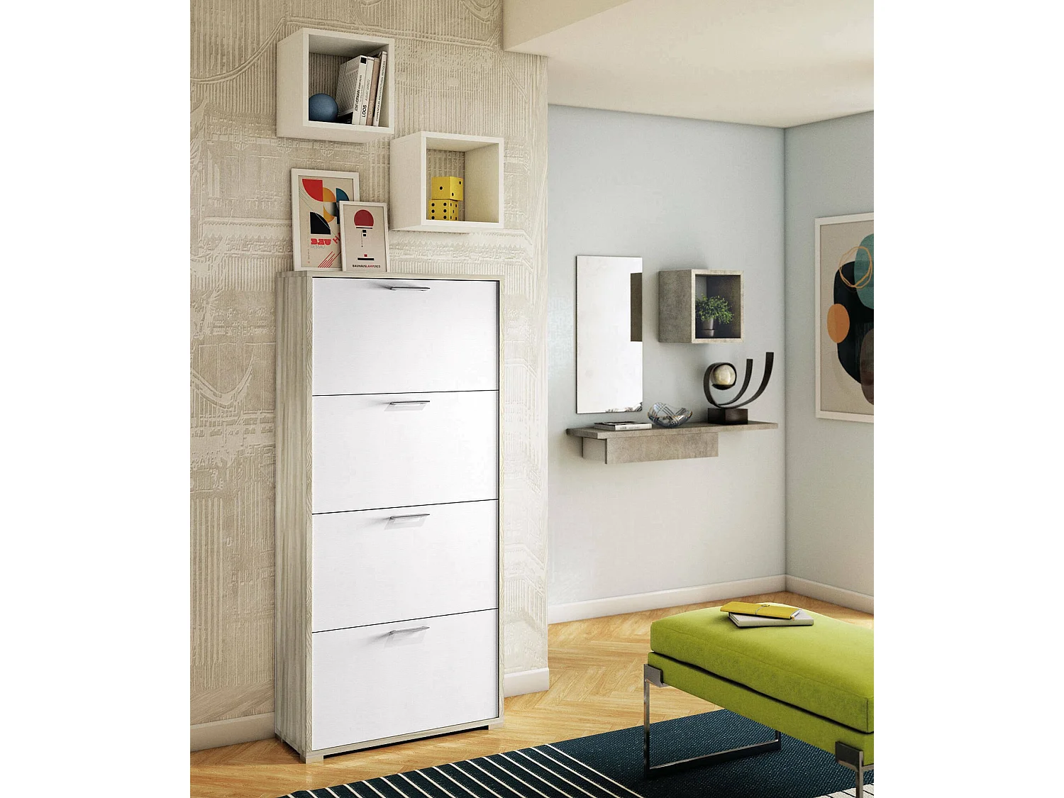 Schuhregal Dmarcat, Mehrzweck - Eingangsmöbel mit 4 Klapptüren, Schuhschrank mit doppelter Tiefe, 100% Made in Italy, 67x28h147 cm, WeiÃŸ und Ulme