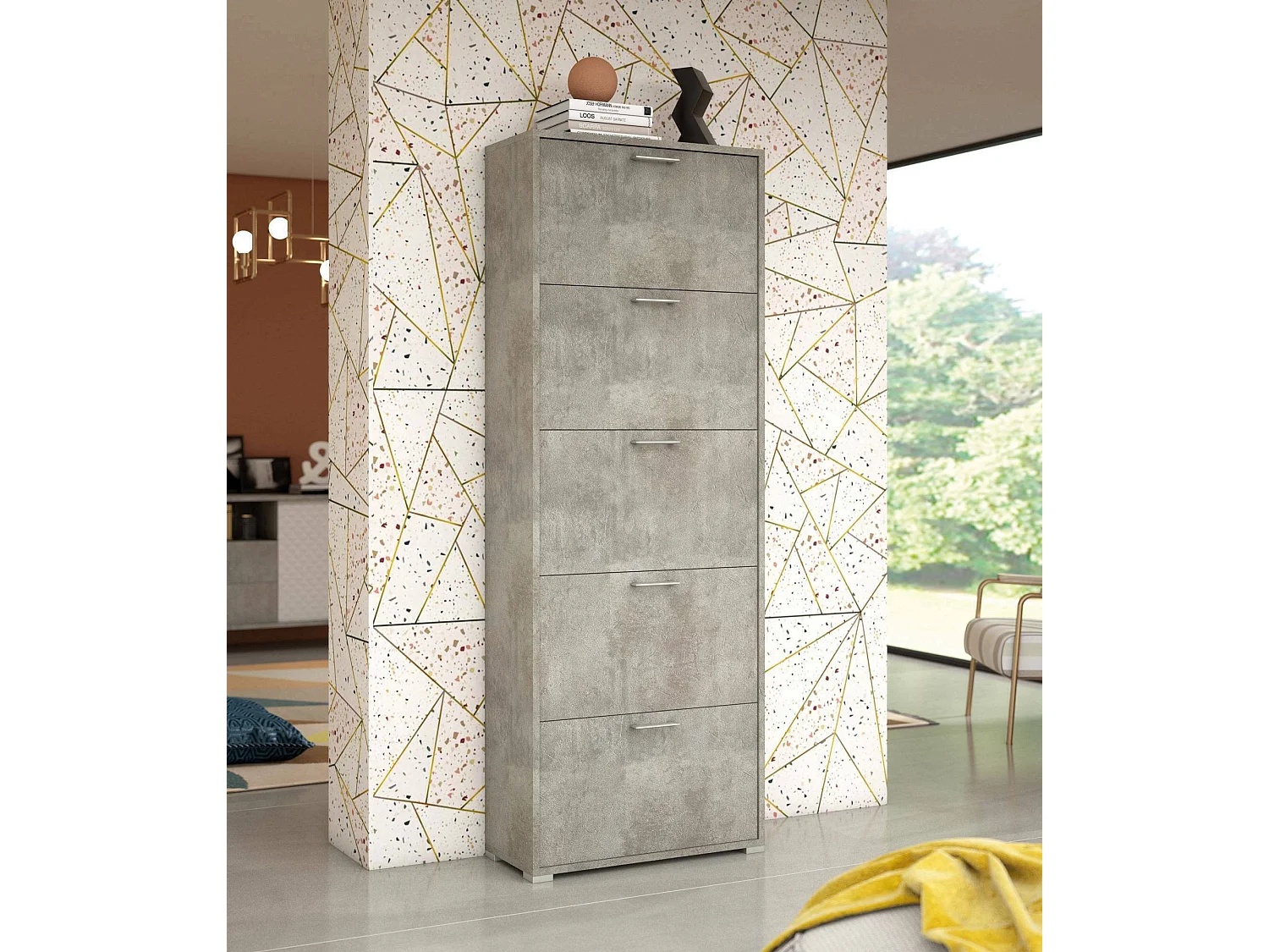 Étagère à chaussures Dmiano, Meuble d'entrée polyvalent avec 5 portes pliantes, Meuble à chaussures double profondeur, 100% Made in Italy, 67x28h183 cm, Ciment