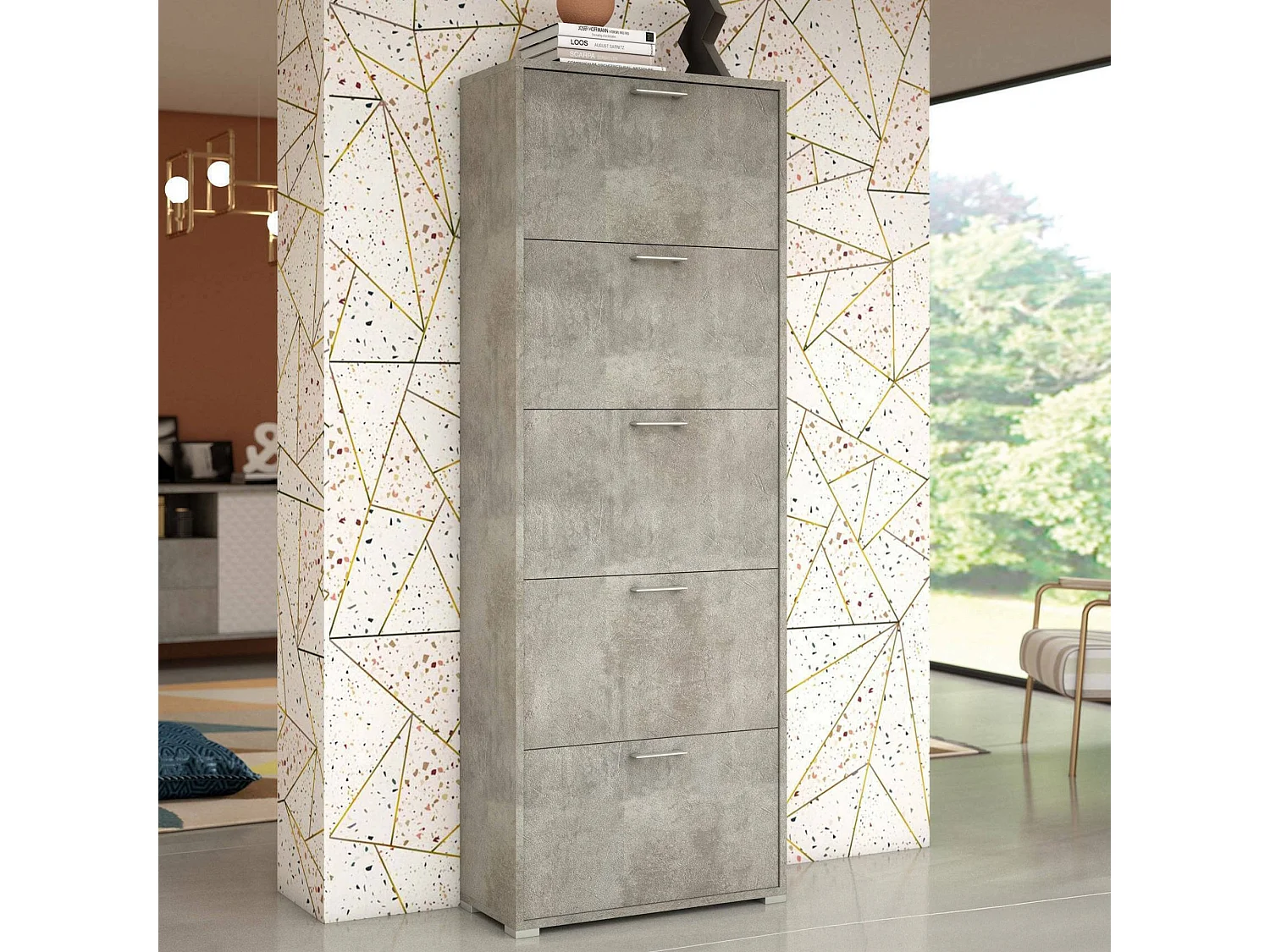 Étagère à chaussures Dmiano, Meuble d'entrée polyvalent avec 5 portes pliantes, Meuble à chaussures double profondeur, 100% Made in Italy, 67x28h183 cm, Ciment