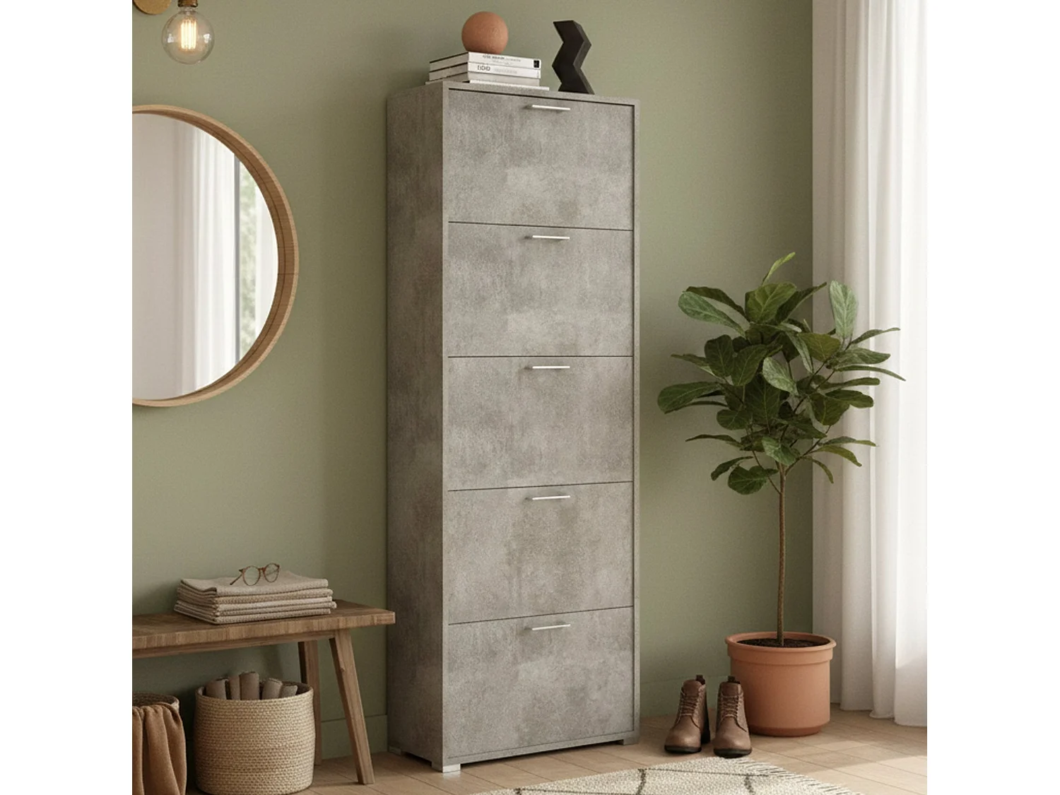 Étagère à chaussures Dmiano, Meuble d'entrée polyvalent avec 5 portes pliantes, Meuble à chaussures double profondeur, 100% Made in Italy, 67x28h183 cm, Ciment