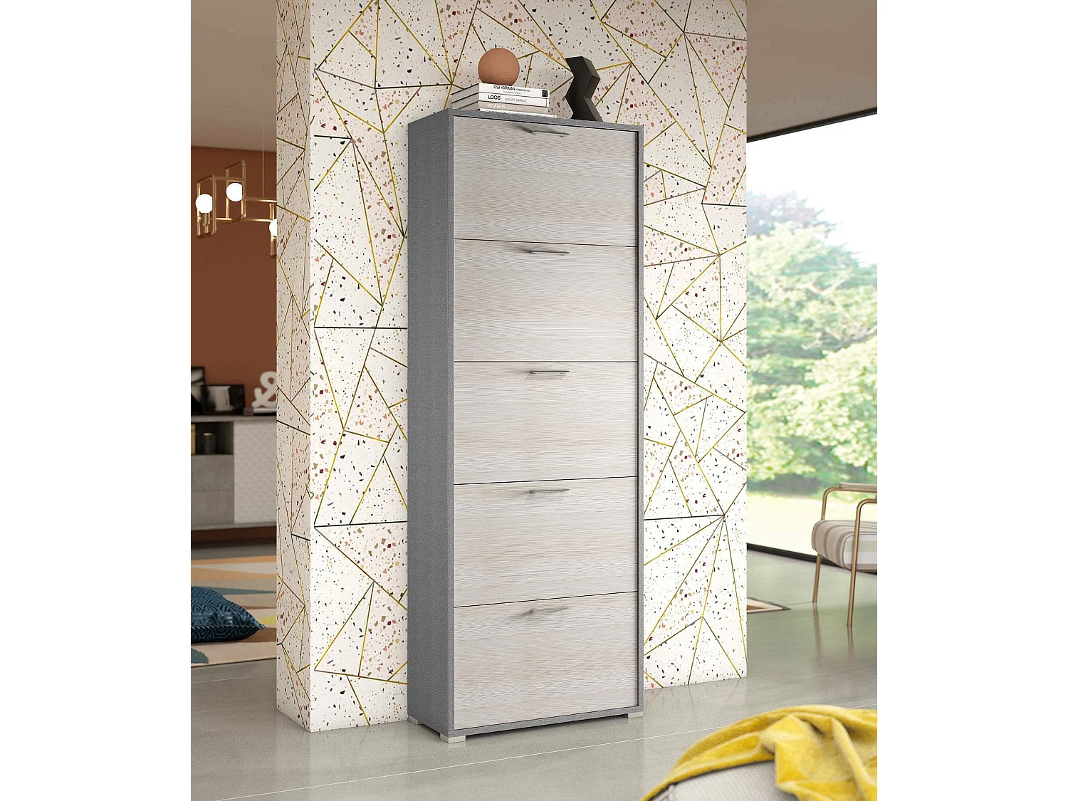 Dmiano schoenenrek, Multifunctioneel entreemeubel met 5 vouwdeuren, Schoenenkast met dubbele diepte, 100% Made in Italy, 67x28h183 cm, Lariks