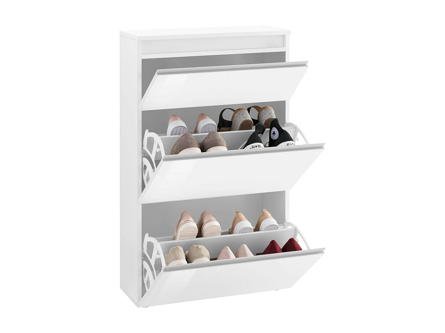Étagère à chaussures Dlogarz, Armoire polyvalente avec 2 portes et 1 porte pliante, Étagère à chaussures d'entrée, 100% Made in Italy, 60x27h108 cm, Blanc brillant
