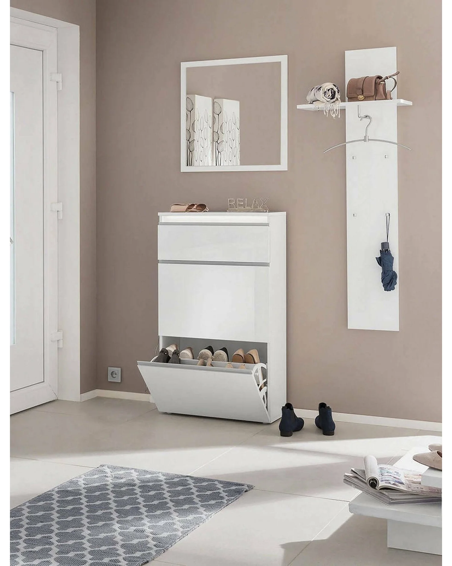 Sapateira Dlogarz, Armário multiuso com 2 portas e 1 porta basculante, Sapateira de entrada, 100% Fabricado na Itália, 60x27h108 cm, Branco brilhante