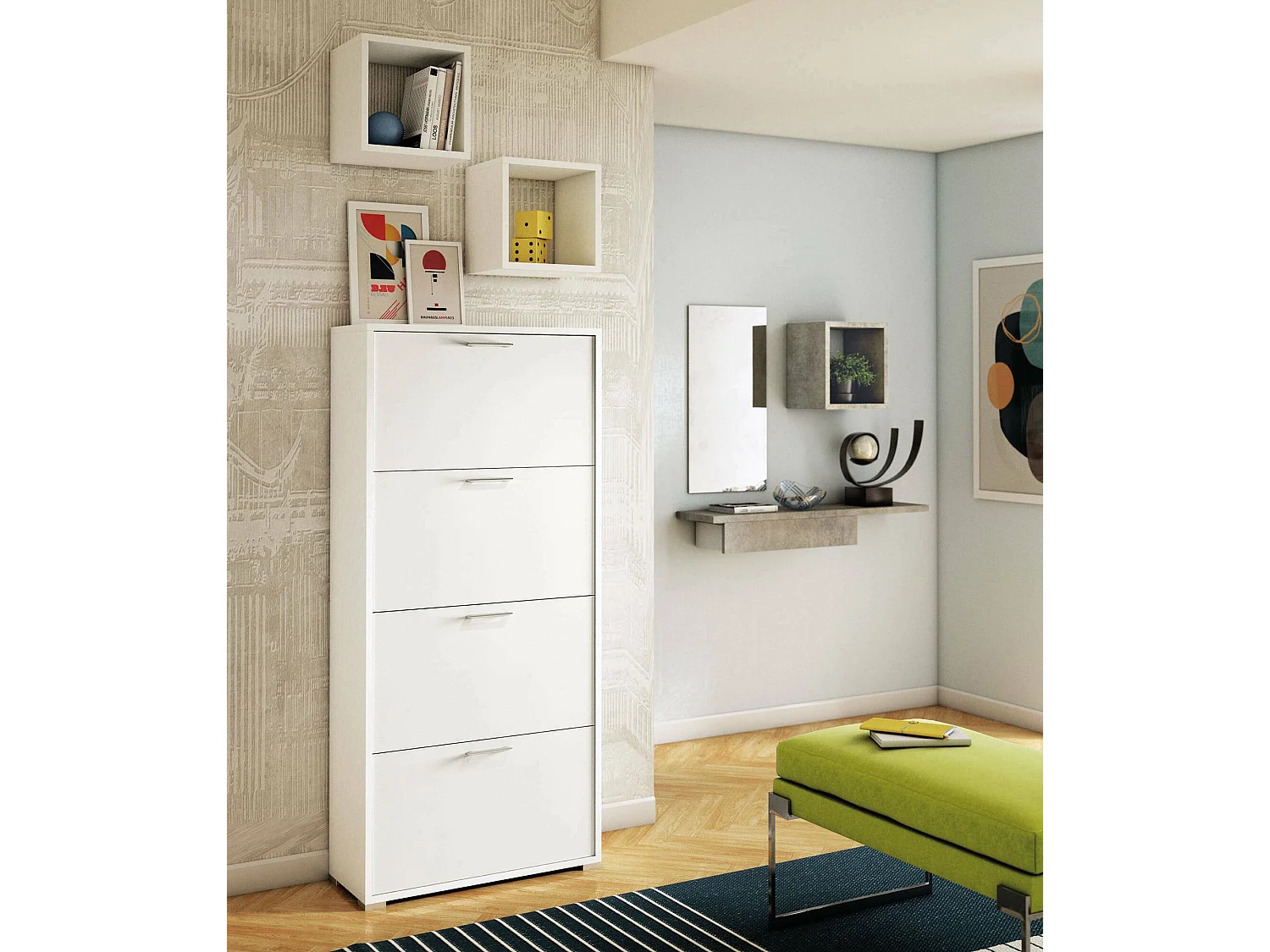 Dmarcat schoenenrek, multifunctioneel entreemeubilair met 4 vouwdeuren, schoenenkast met dubbele diepte, 100% Made in Italy, 67x28h147 cm, Wit