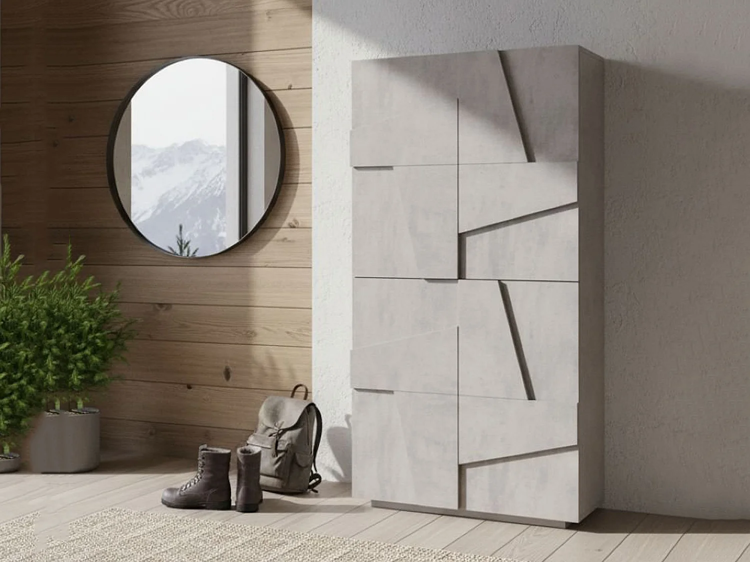 Sapateira Dlerd, Armário multiuso com 4 portas articuladas, Sapateira de entrada, 100% Fabricado na Itália, 81x38h167 cm, Cimento
