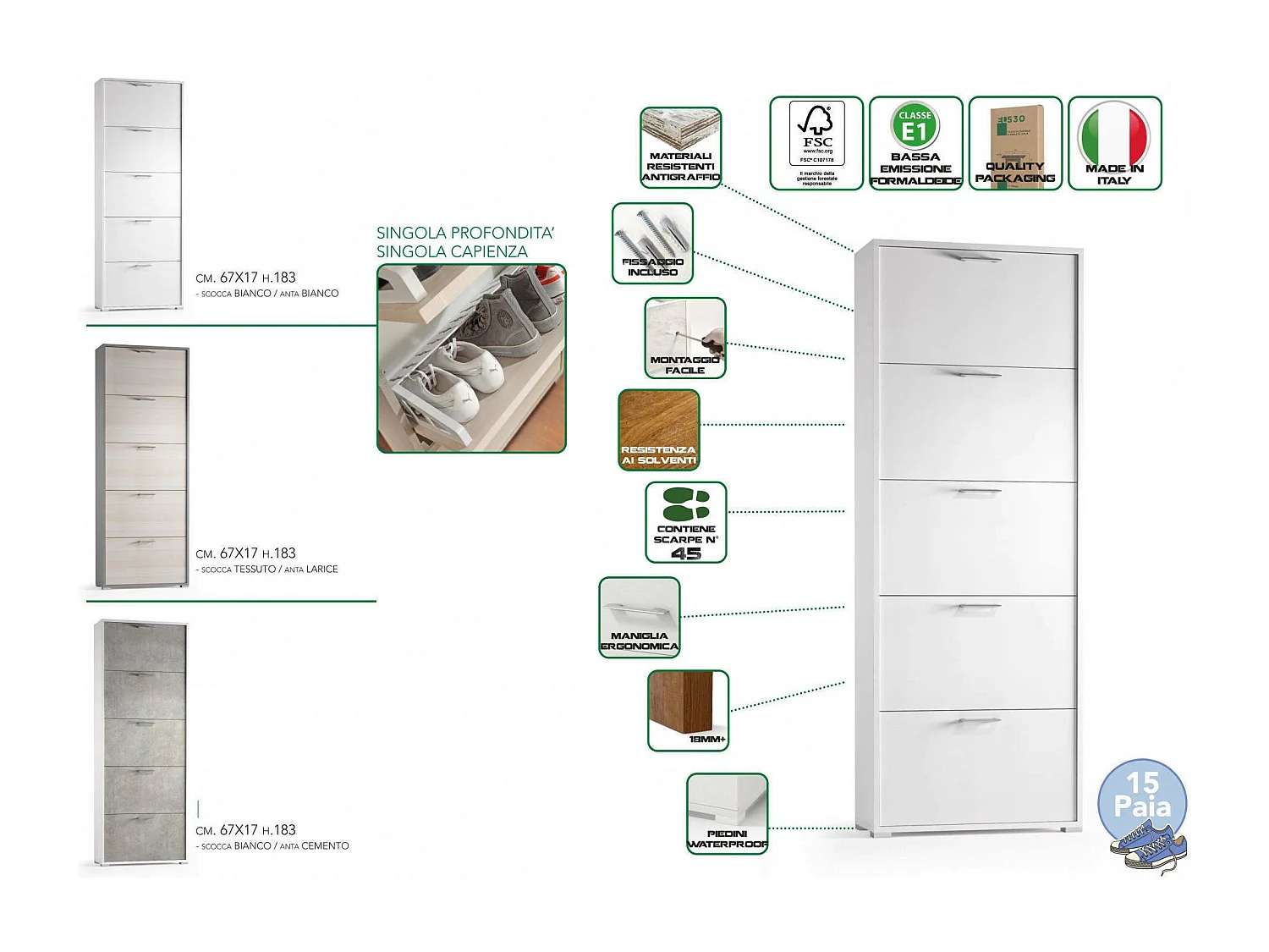 Scarpiera Amigo, 15 Paia Made in Italy, 18x67x184h cm Bianco Cemento, Mobile Portascarpe
