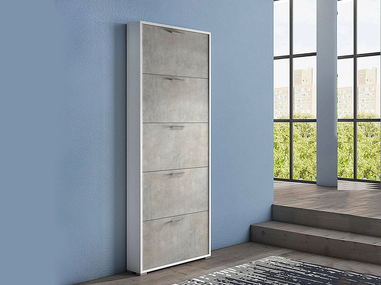 Schuhregal Dgratto, Mehrzweck - Eingangsmöbel mit 5 Klapptüren, Moderner Schuhschrank, 100% Made in Italy, 67x18h184 cm, Beton und WeiÃŸ