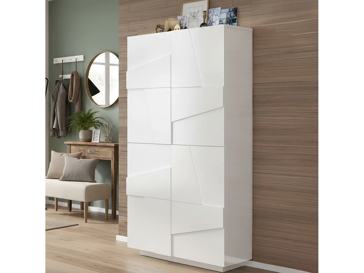 Schuhschrank Dlerd, Mehrzweckschrank mit 4 Flügeltüren, Eingangsschuhregal, 100 % Made in Italy, cm 81x38h167, glänzend weiÃŸ