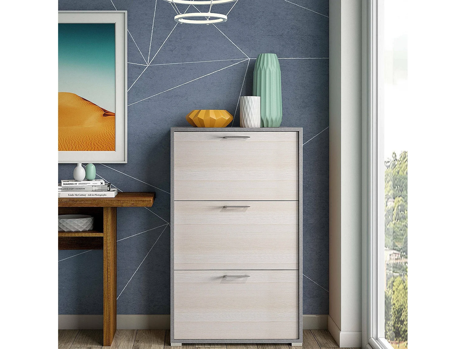 Étagère à chaussures Dferrari, Meuble d'entrée polyvalent avec 3 portes pliantes, Meuble à chaussures moderne, 100% Made in Italy, 67x18h112 cm, Mélèze