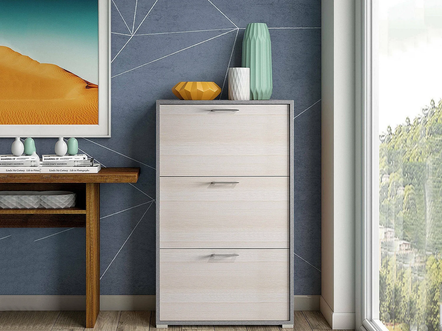 Étagère à chaussures Dferrari, Meuble d'entrée polyvalent avec 3 portes pliantes, Meuble à chaussures moderne, 100% Made in Italy, 67x18h112 cm, Mélèze