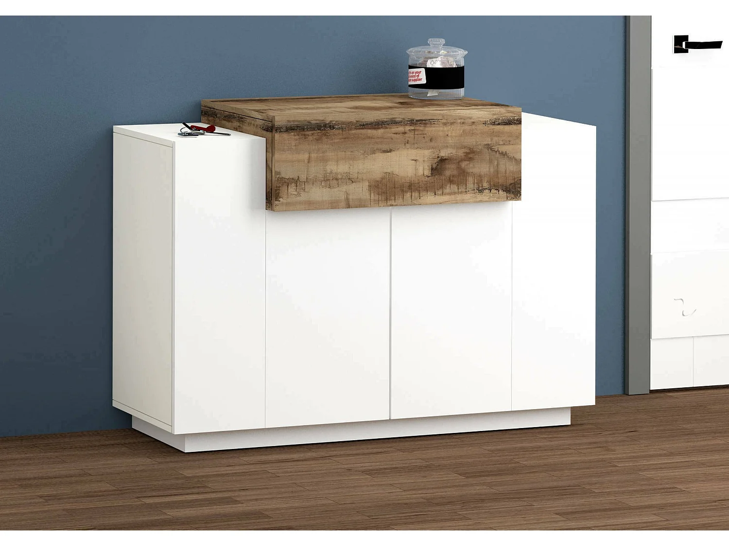 Schuhschrank Dlucc, Mehrzweckschrank mit 2 Türen und 1 Klapptür, Eingangsschuhregal, 100 % Made in Italy, cm 120x45h86, WeiÃŸ glänzend und Ahorn