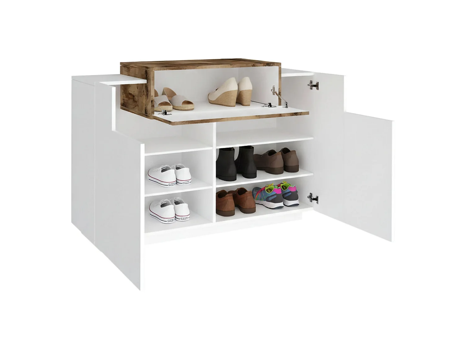 Dmora - Scarpiera Aristotle, cm 120x45h86, Bianco lucido e Acero
