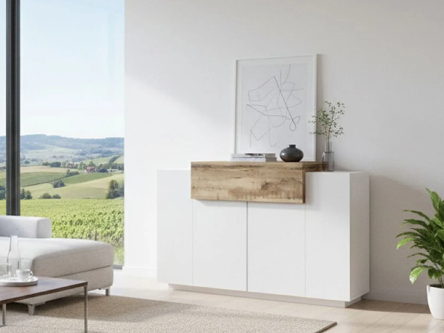 Dmora - Scarpiera Aristotle, cm 120x45h86, Bianco lucido e Acero