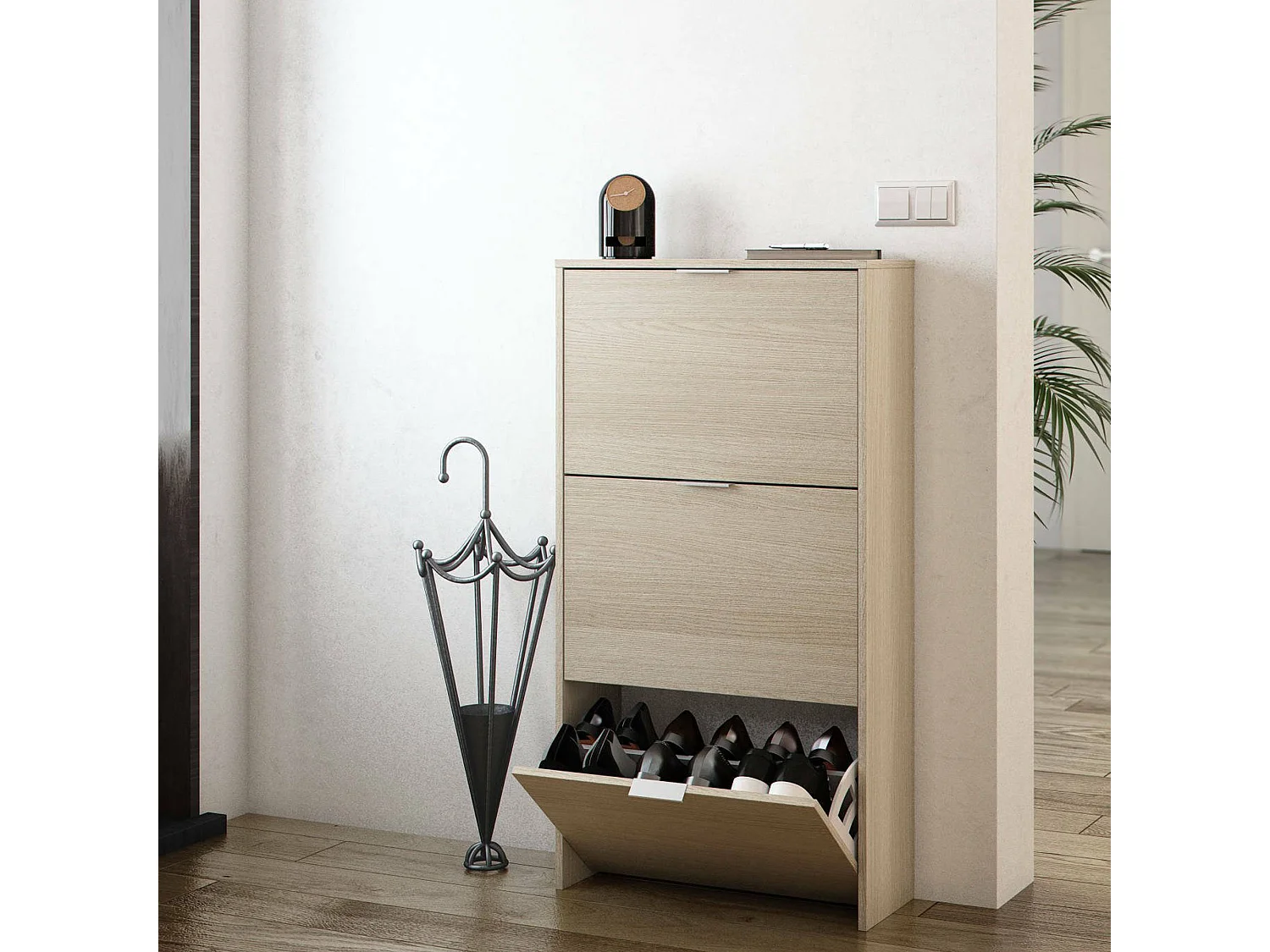 Mueble para zapatos Dcosta, Zapatero con 3 puertas abatibles, Mueble con doble capacidad para hasta 18 pares de zapatos, 70x17h180 cm, Roble