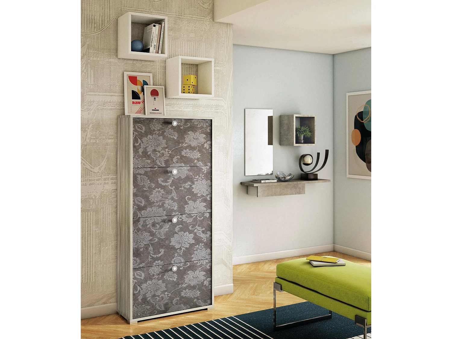 Zapatero Dmarcat, Mueble de entrada polivalente con 4 puertas abatibles, Zapatero de doble profundidad, 100% Made in Italy, 67x28h147 cm, Olmo y fantasía