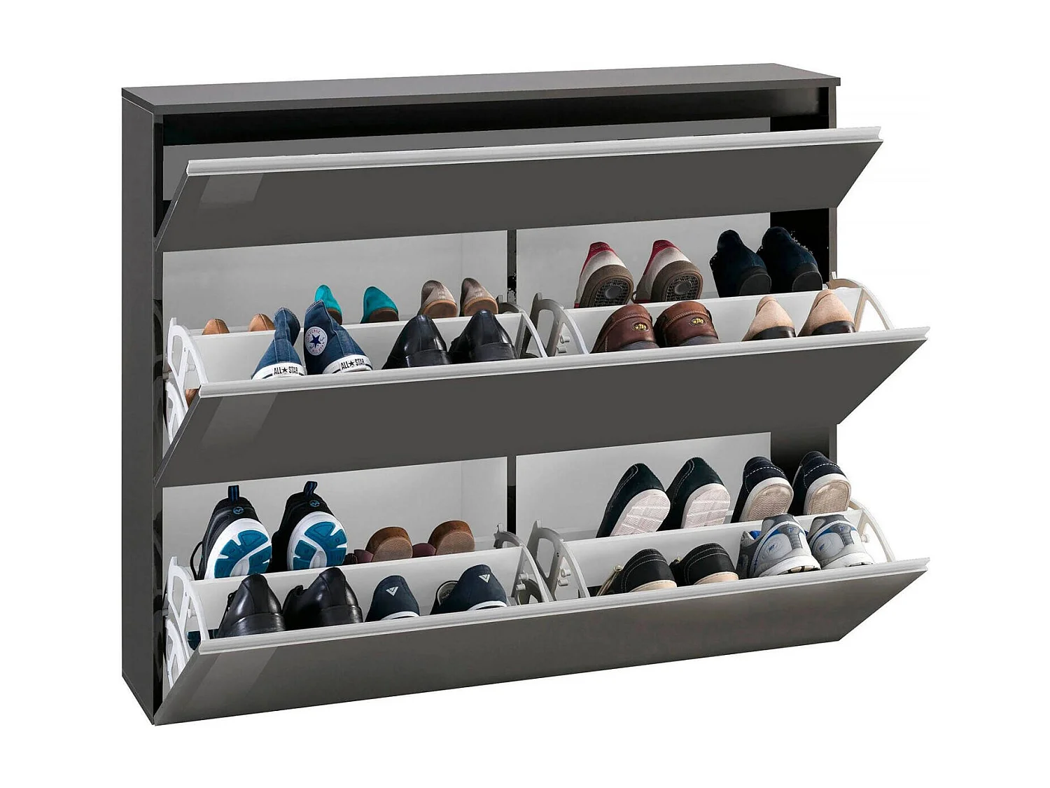 Meuble à chaussures Piero, Armoire polyvalente avec 2 portes et 1 porte abattante, Porte-chaussures d'entrée, 100% Made in Italy, 120x27h108 cm, Anthracite Brillant