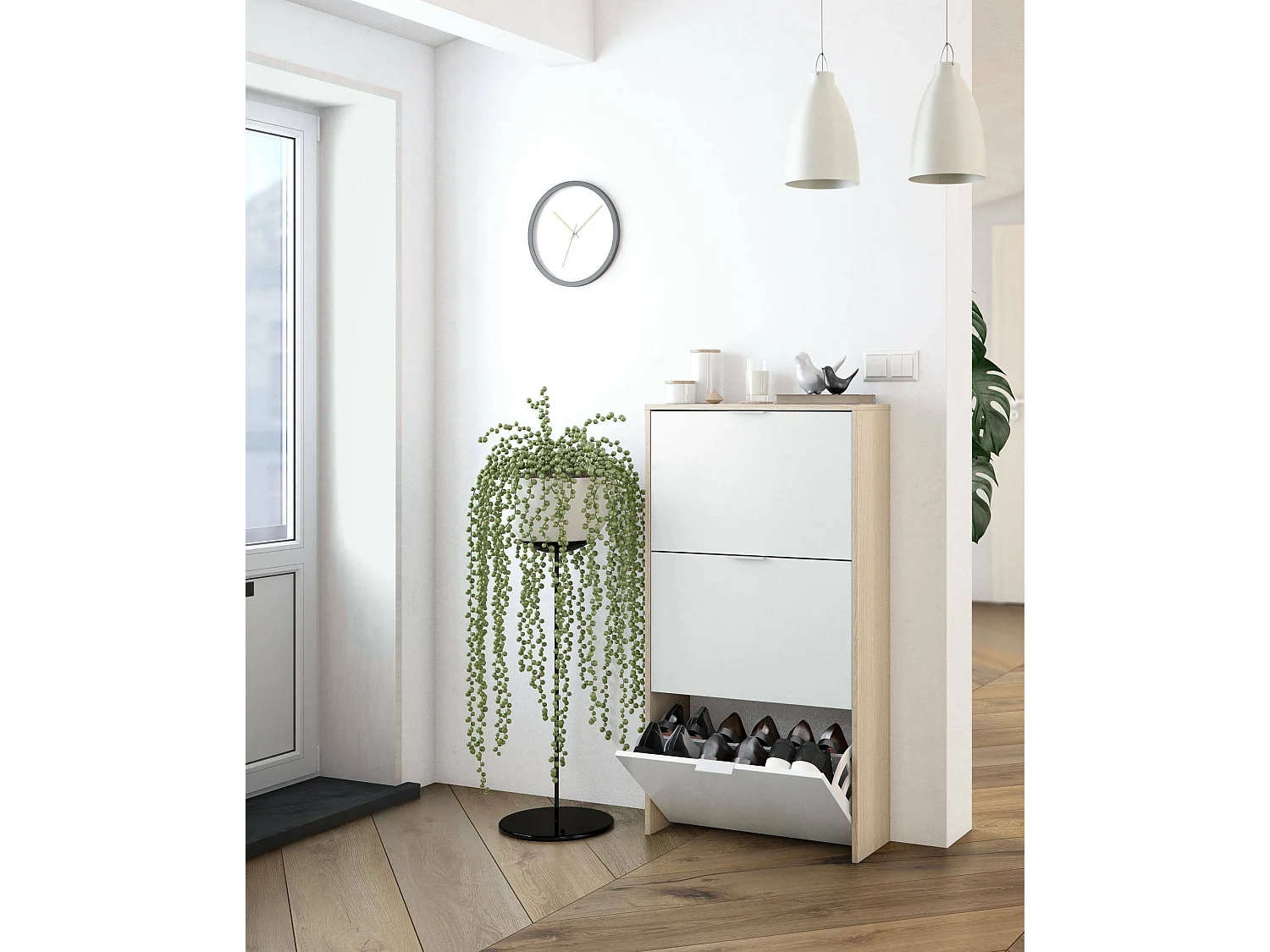 Dmora - Scarpiera Asca, 60x22h113 cm, Rovere e Bianco lucido