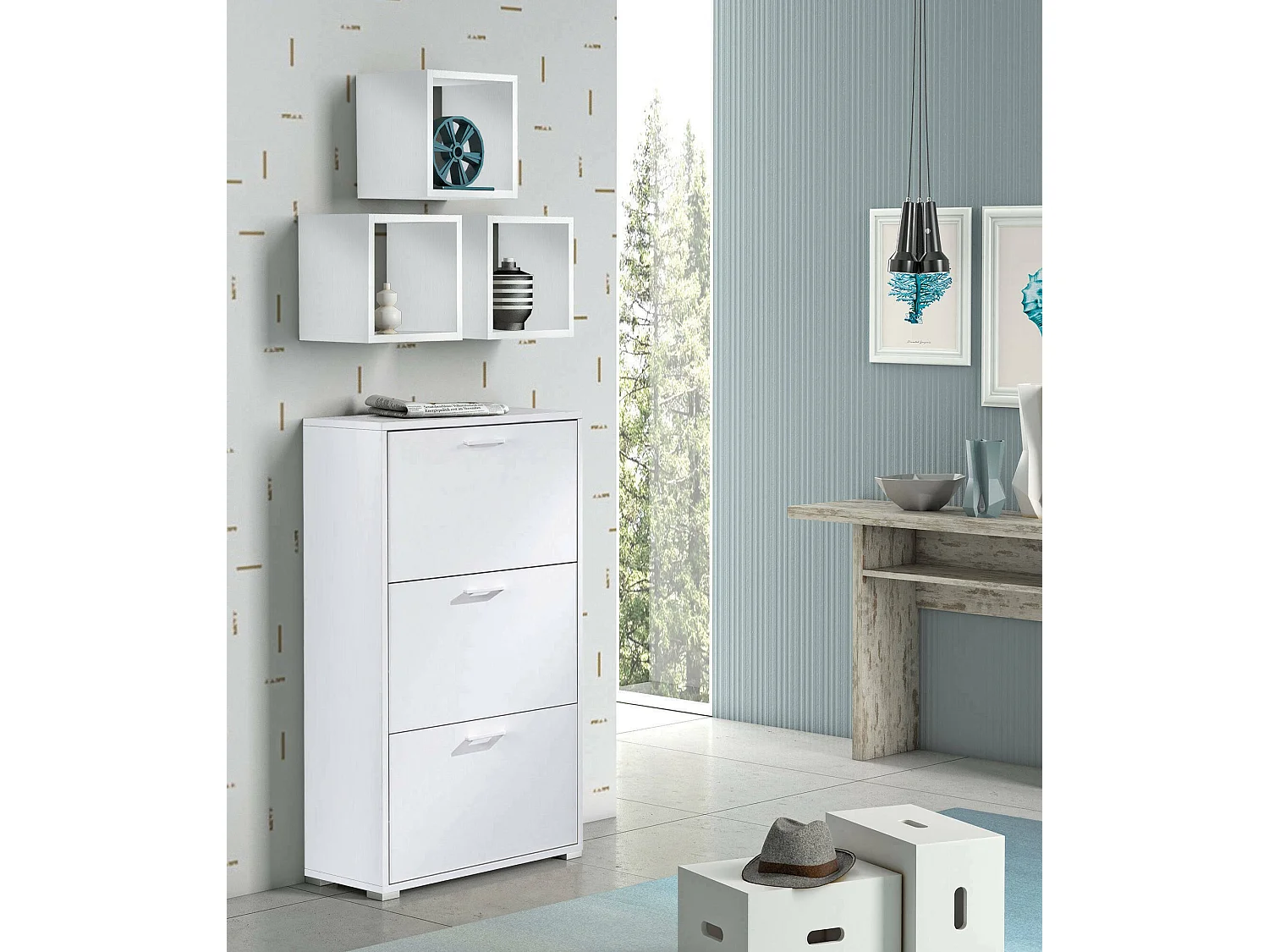 Sapateira Dlos, móvel de entrada multiuso com 3 portas sanfonadas, sapateira de dupla profundidade, 100% Fabricado na Itália, 67x28h112 cm, Branco