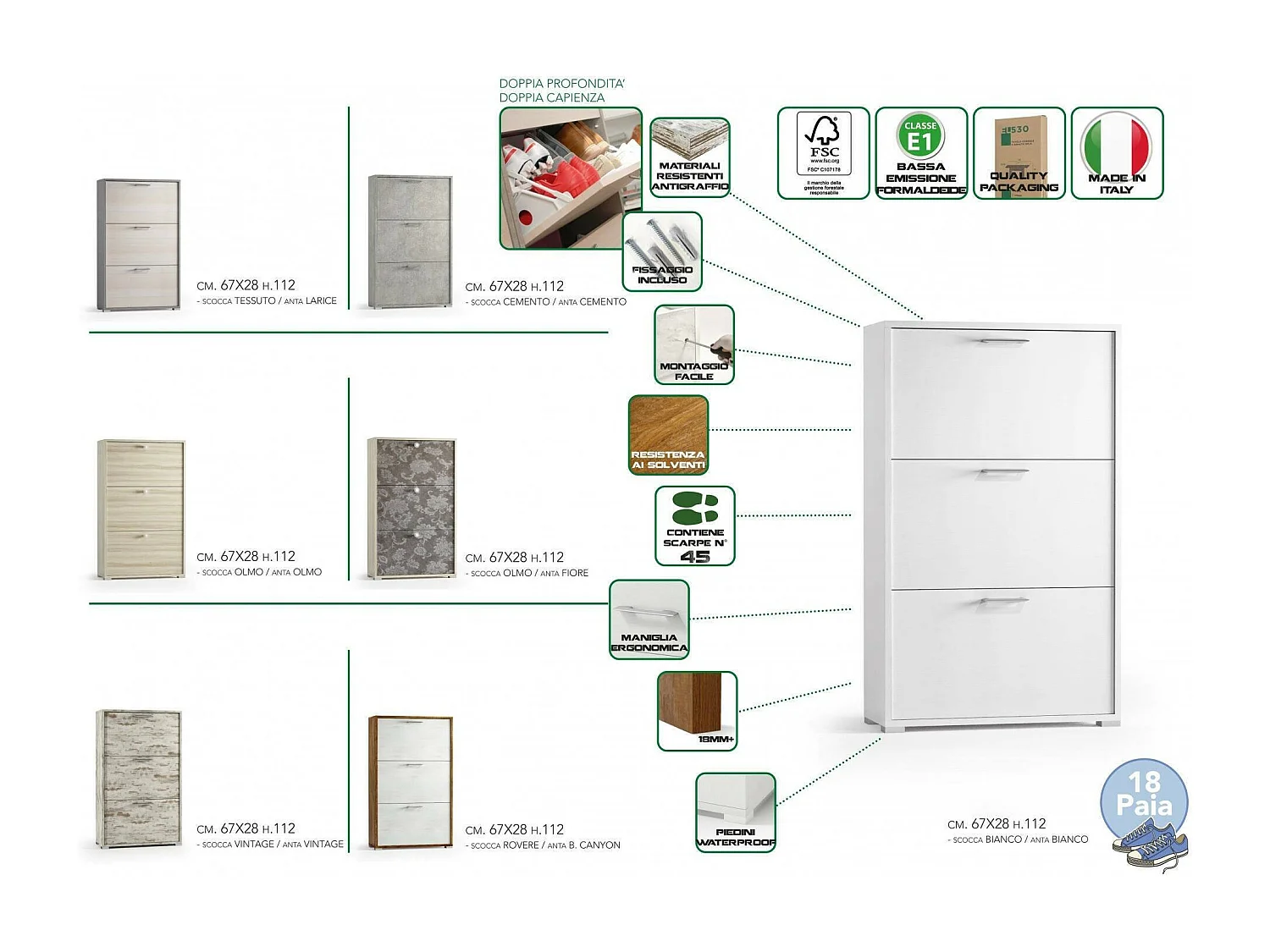 Sapateira Dlos, móvel de entrada multiuso com 3 portas sanfonadas, sapateira de dupla profundidade, 100% Fabricado na Itália, 67x28h112 cm, Branco