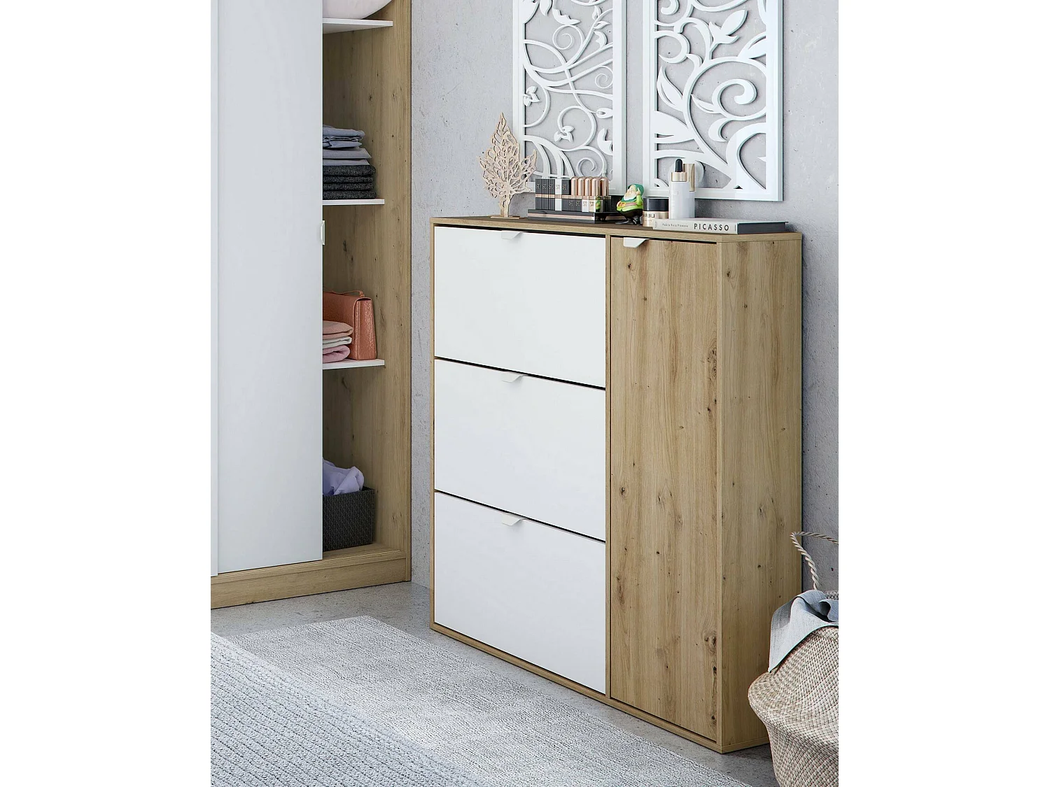 Zapatero Dmodic, Zapatero de entrada con 4 puertas, Zapatero ahorra espacio, 105x24h112 cm, Blanco y Roble