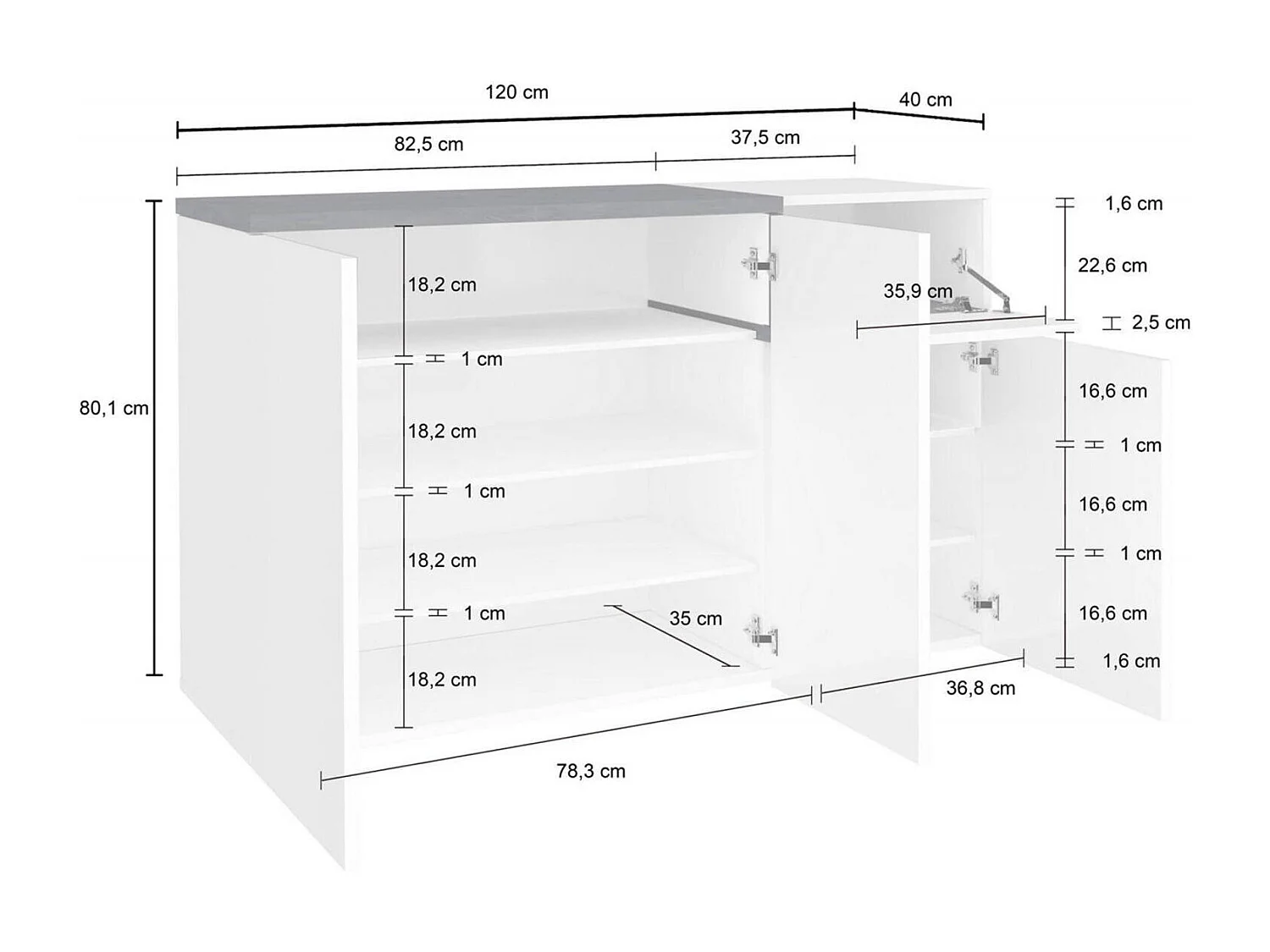 Zapatero Dmessia, Mueble multiusos 3 puertas y 1 puerta abatible, Zapatero de entrada, 100% Made in Italy, cm 120x40h80, Blanco Brillo y Pizarra