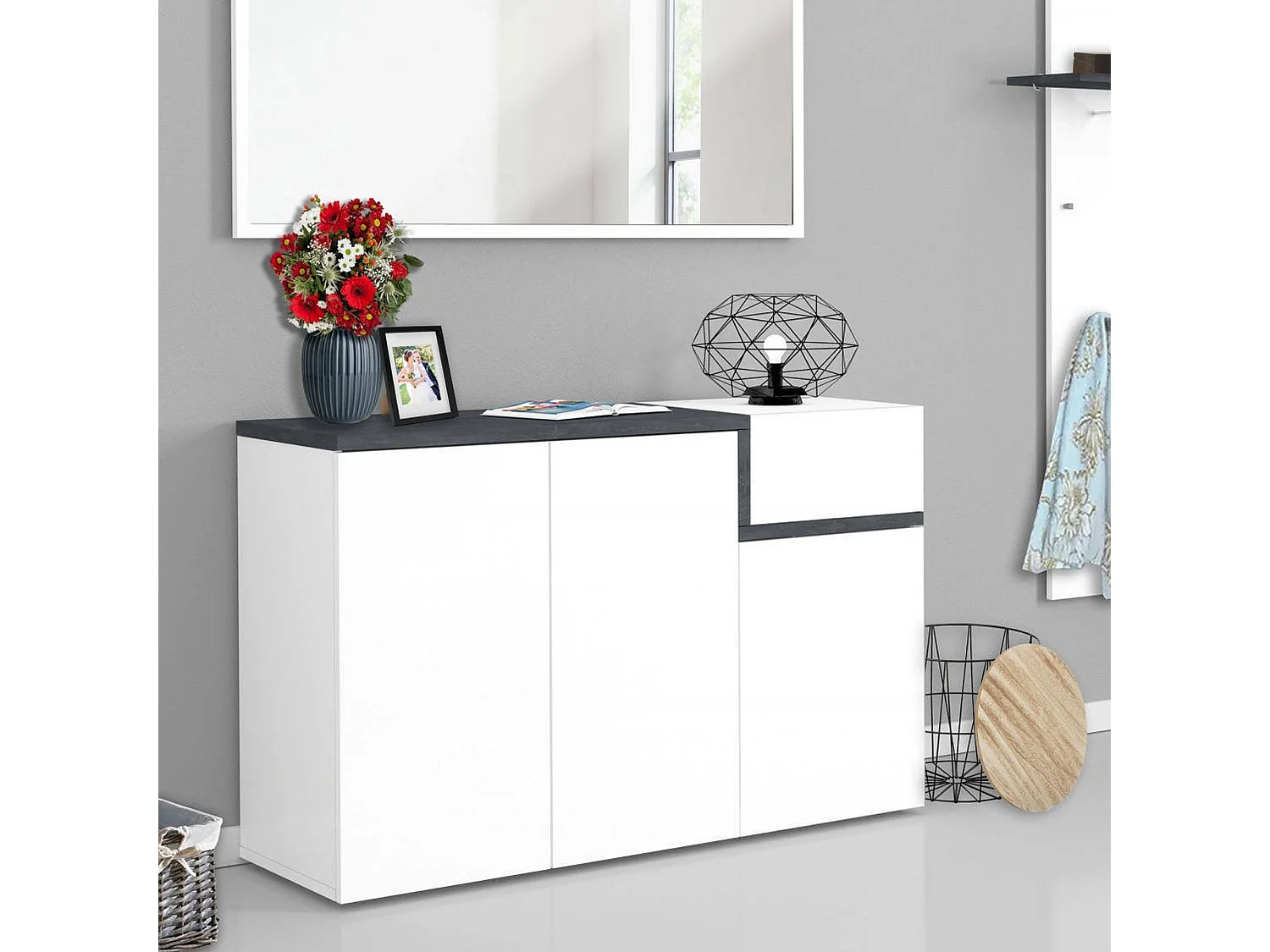 Schuhschrank Dmessia, Mehrzweckschrank 3 Türen und 1 Klapptür, Eingangsschuhregal, 100% Made in Italy, cm 120x40h80, glänzend weiÃŸ und Schiefer