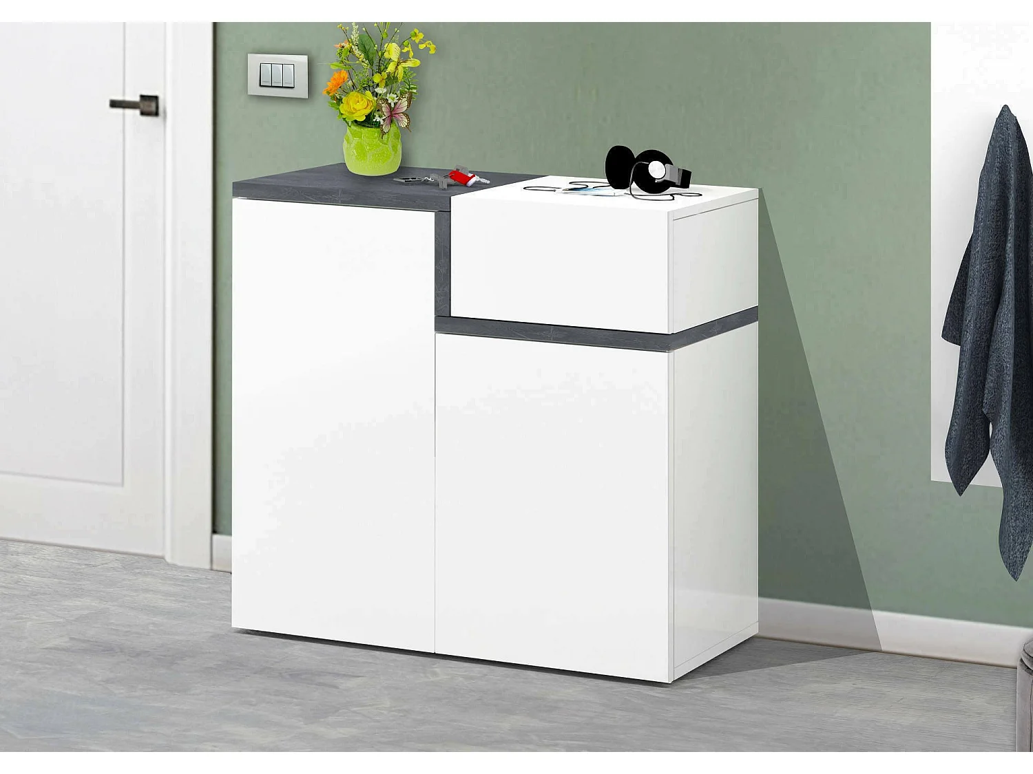 Zapatero Dmaric, Mueble multiusos con 2 puertas y 1 puerta abatible, Zapatero de entrada, 100% Made in Italy, 80x40h80 cm, Blanco Brillo y Pizarra